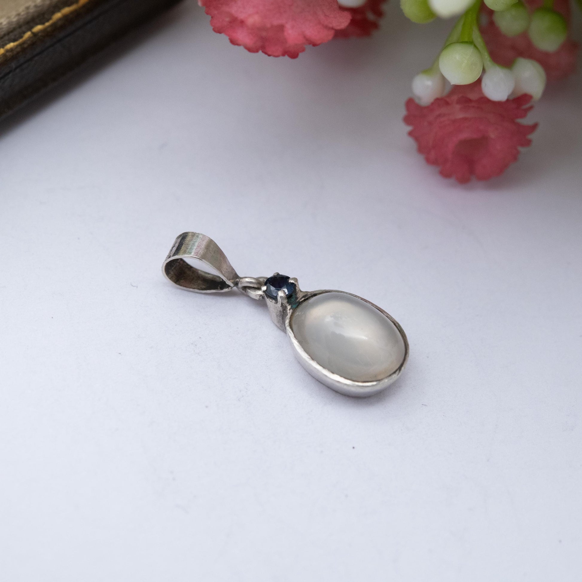 Vintage Sterling Silver Sapphire and Moonstone Pendant - Gift for Her