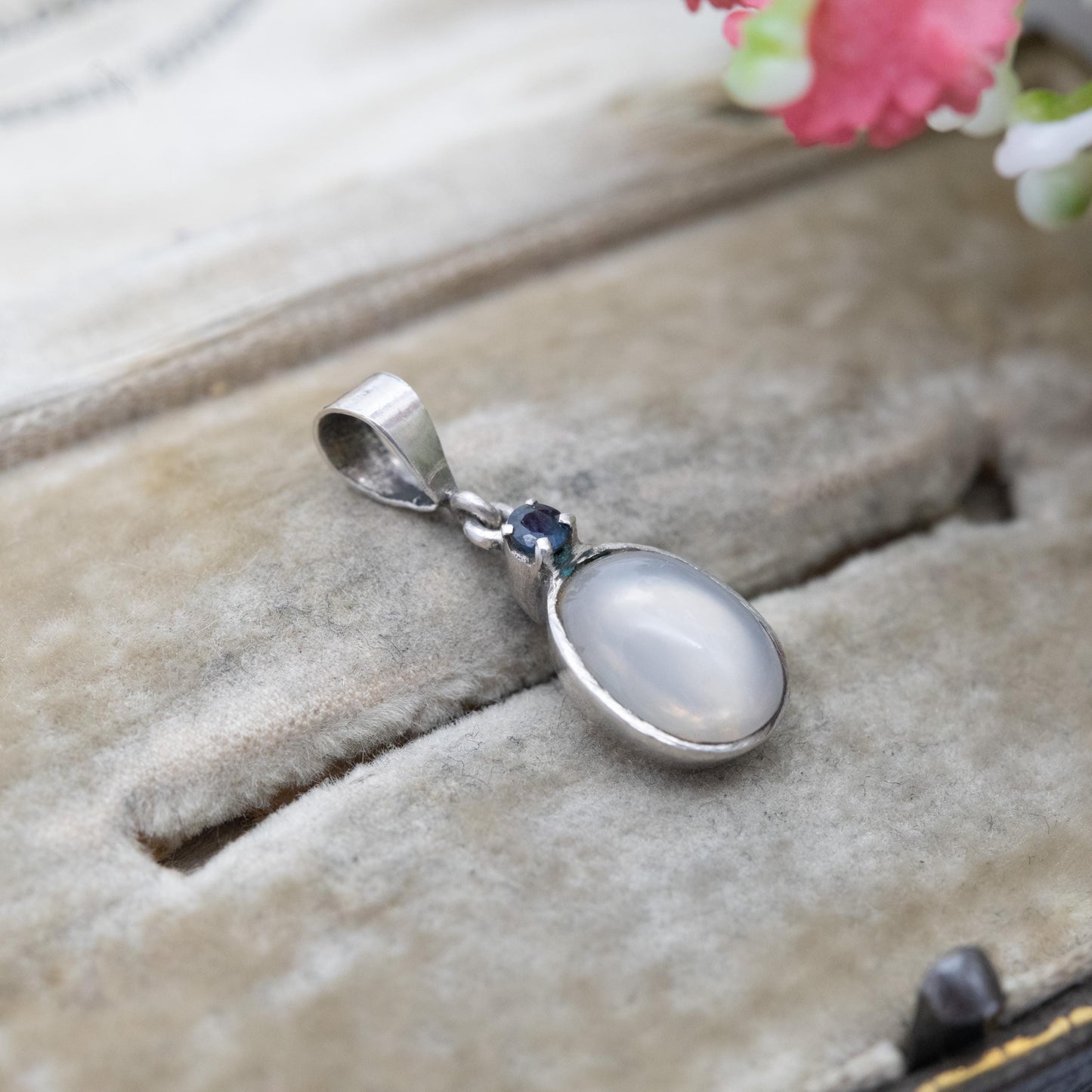 Vintage Sterling Silver Sapphire and Moonstone Pendant - Gift for Her