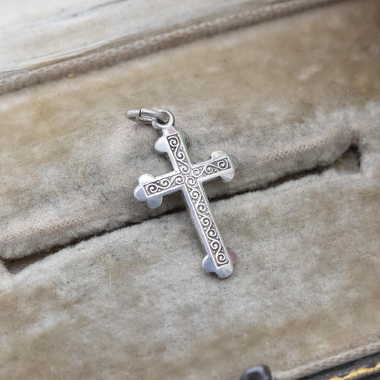 Vintage Sterling Silver Floral Cross Pendant - Textured Scrolling Pattern | Vintage Religious Jewellery | Gift for Charm Necklace