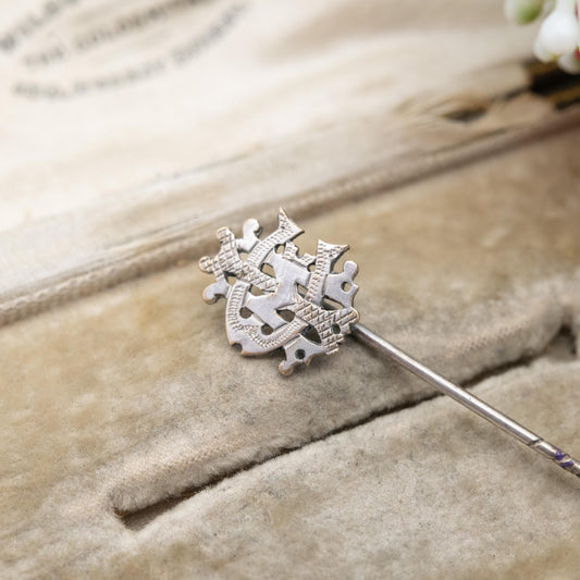 Antique Victorian Silver Monogram Brooch Tie Pin 1888 - Ornate CIM Letters Stick Pin | Gift for Him