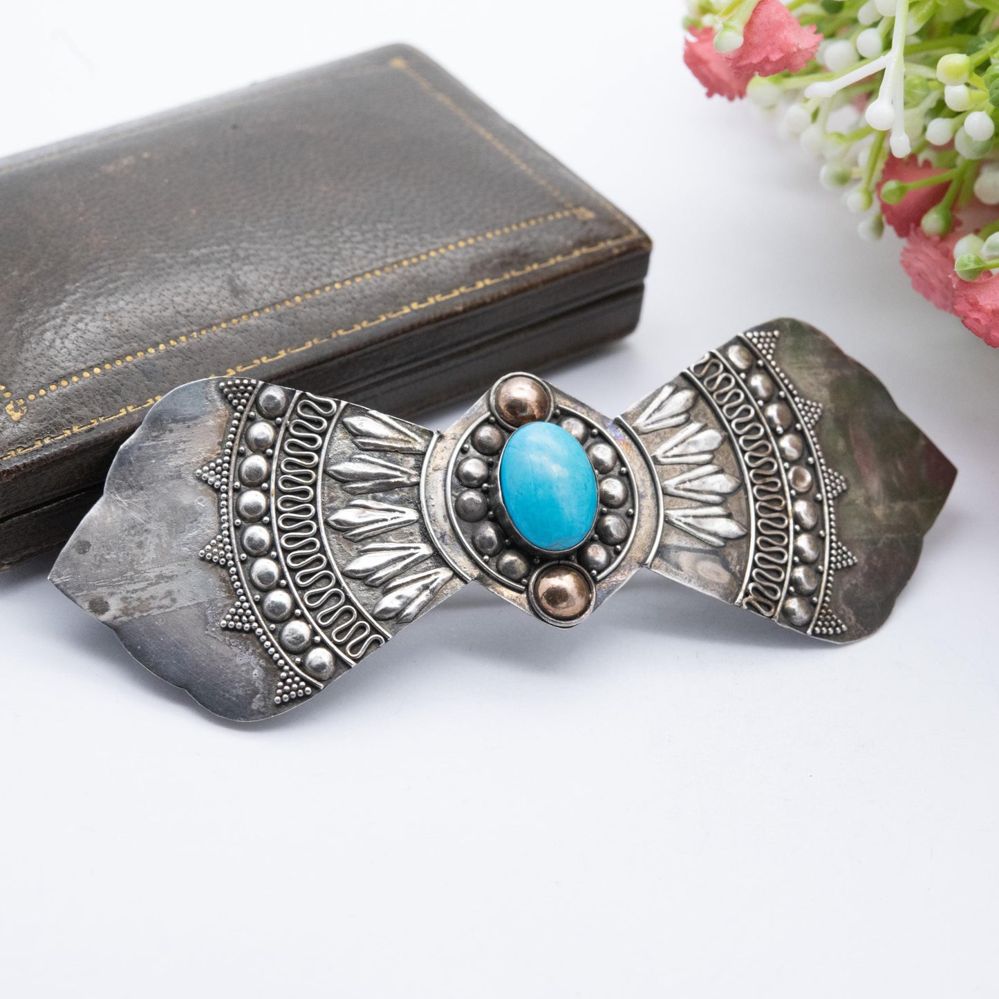 Vintage Sterling Silver Blue Stone Hair Clip - Detailed Scrolling and Beaded Pattern Design | Blue Gemstone Accessory Gift for Her