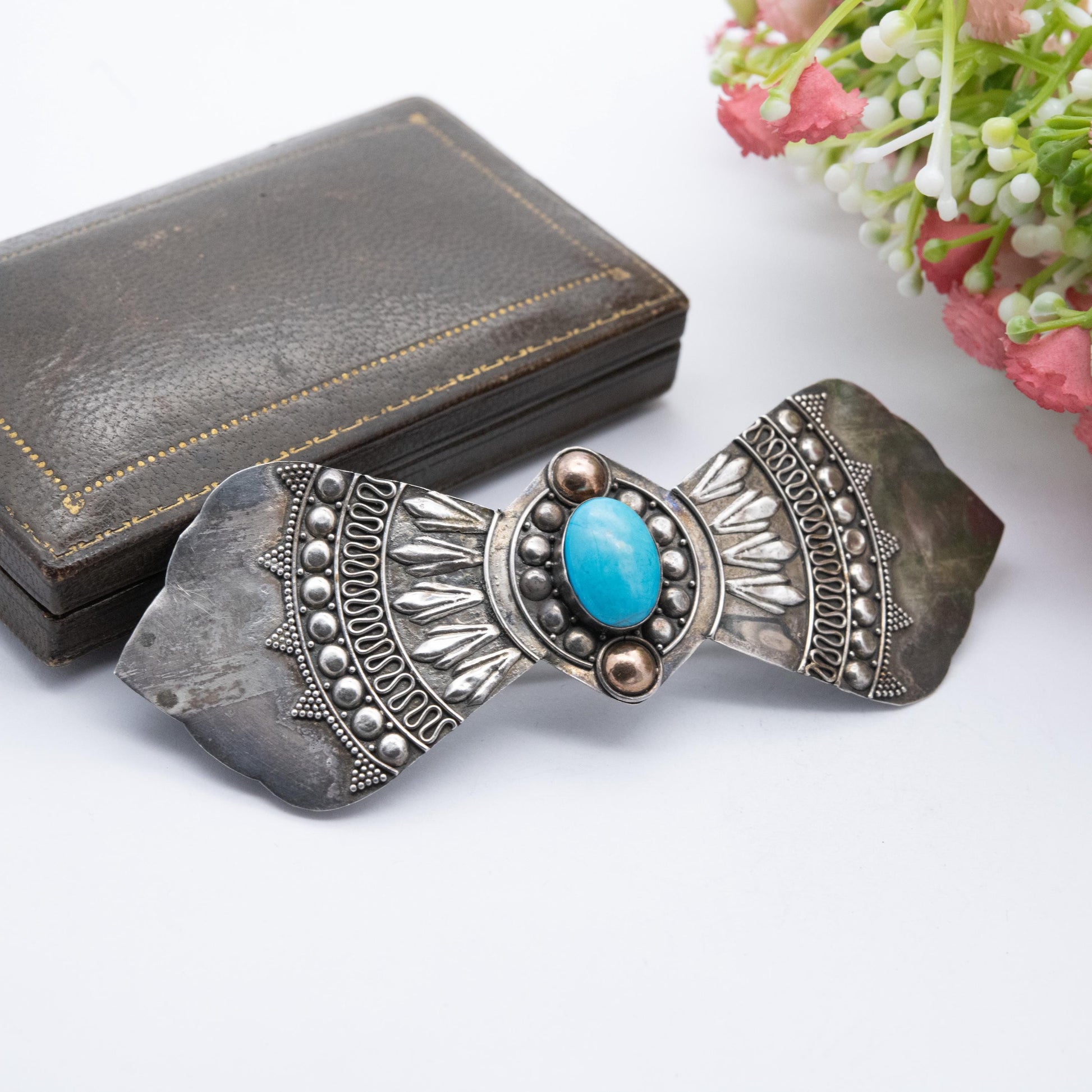 Vintage Sterling Silver Blue Stone Hair Clip - Detailed Scrolling and Beaded Pattern Design | Blue Gemstone Accessory Gift for Her