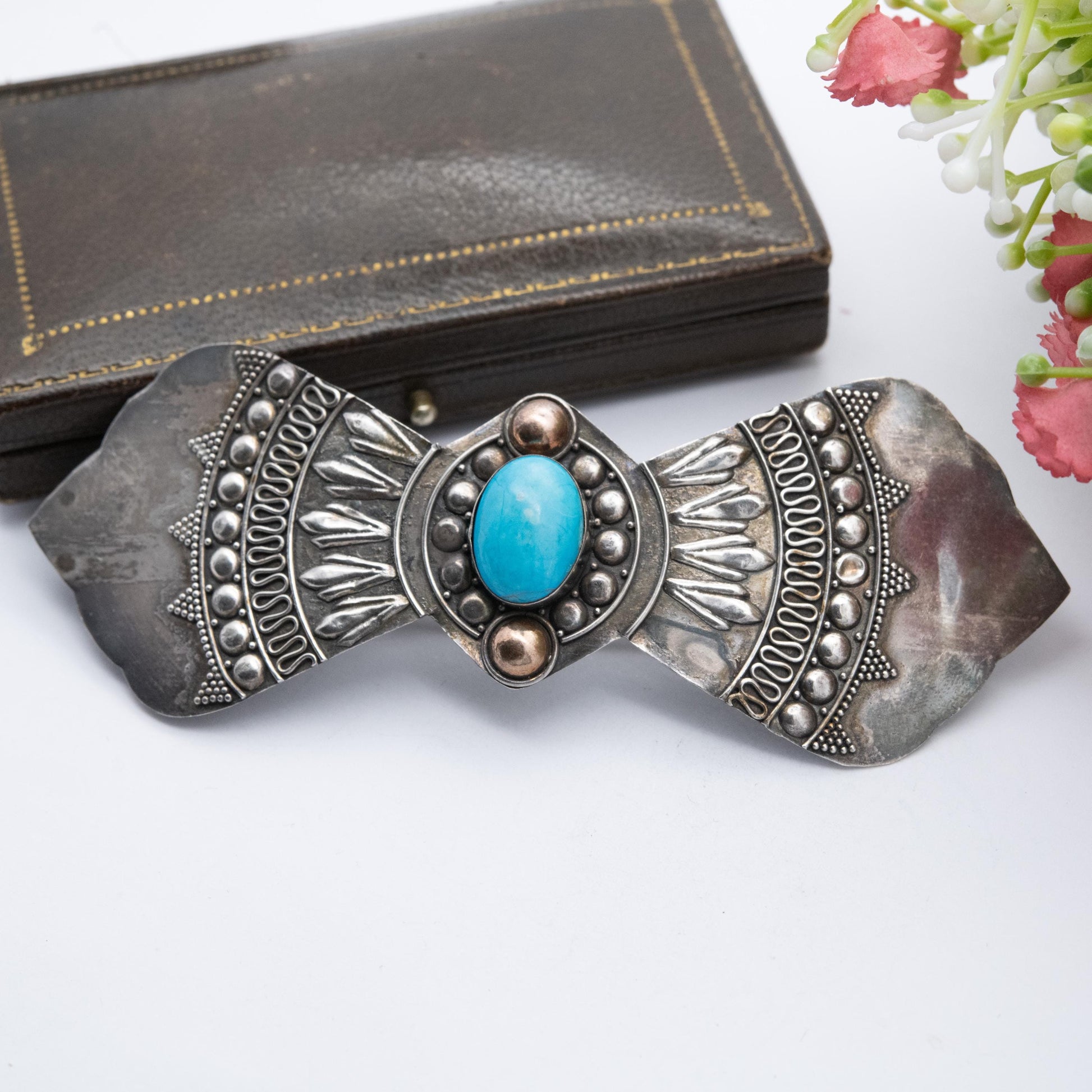 Vintage Sterling Silver Blue Stone Hair Clip - Detailed Scrolling and Beaded Pattern Design | Blue Gemstone Accessory Gift for Her