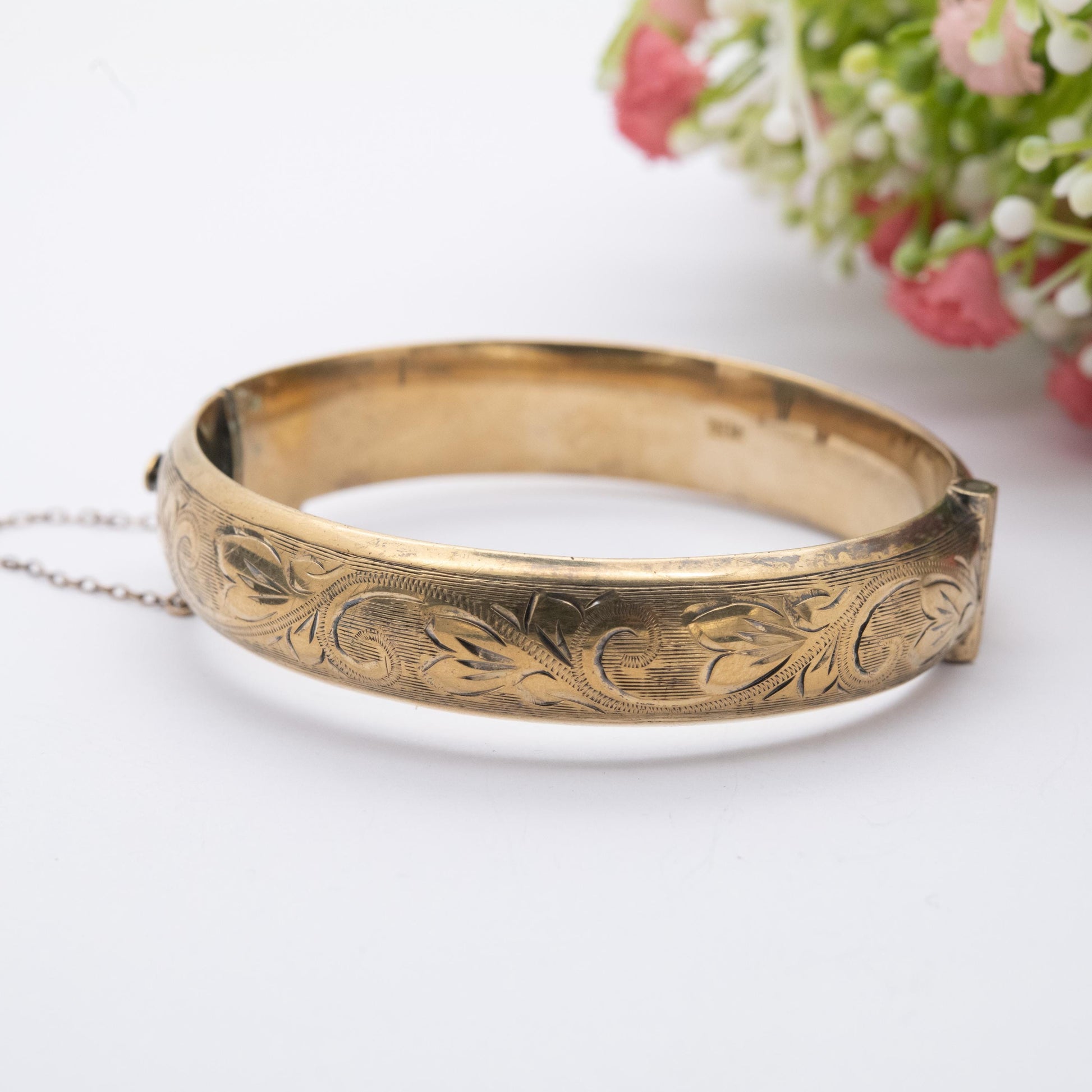 Vintage Sterling Silver Gold Plated Floral Bangle Bracelet 1966 - Chunky Victorian Aesthetic Scrolling Style