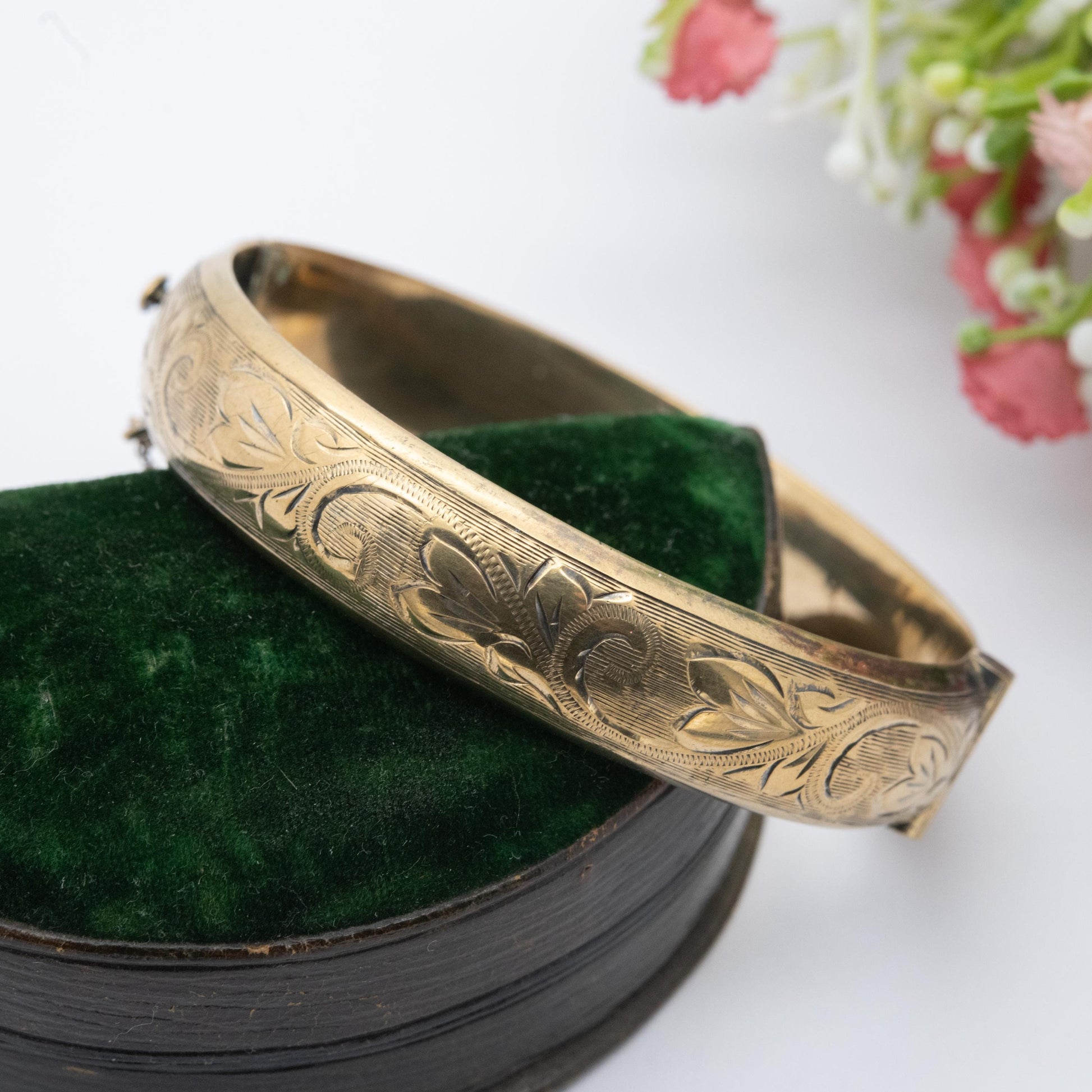 Vintage Sterling Silver Gold Plated Floral Bangle Bracelet 1966 - Chunky Victorian Aesthetic Scrolling Style