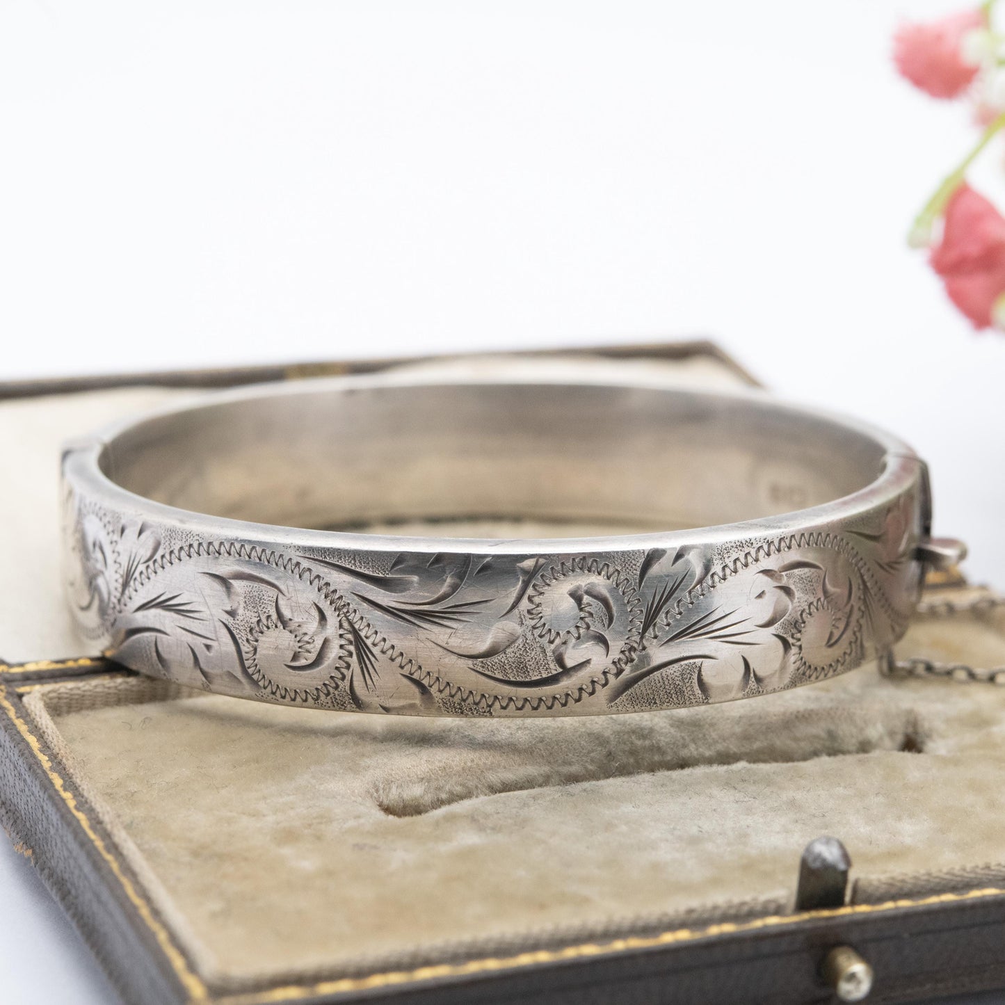 Vintage Sterling Silver Floral Engraved Bangle Bracelet 1976 - Chunky Victorian Aesthetic Scrolling Style with Safety Chain