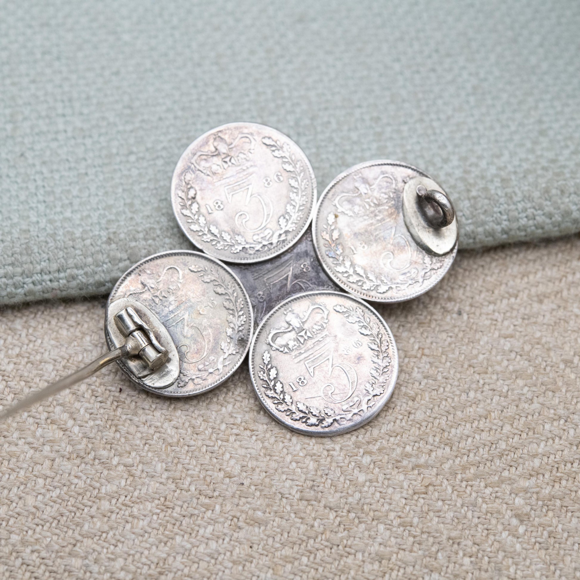 Antique Sterling Silver Victorian Threepence Coin Brooch - 1886 Victoria Young Head Matching Coins | Numismatic Jewellery