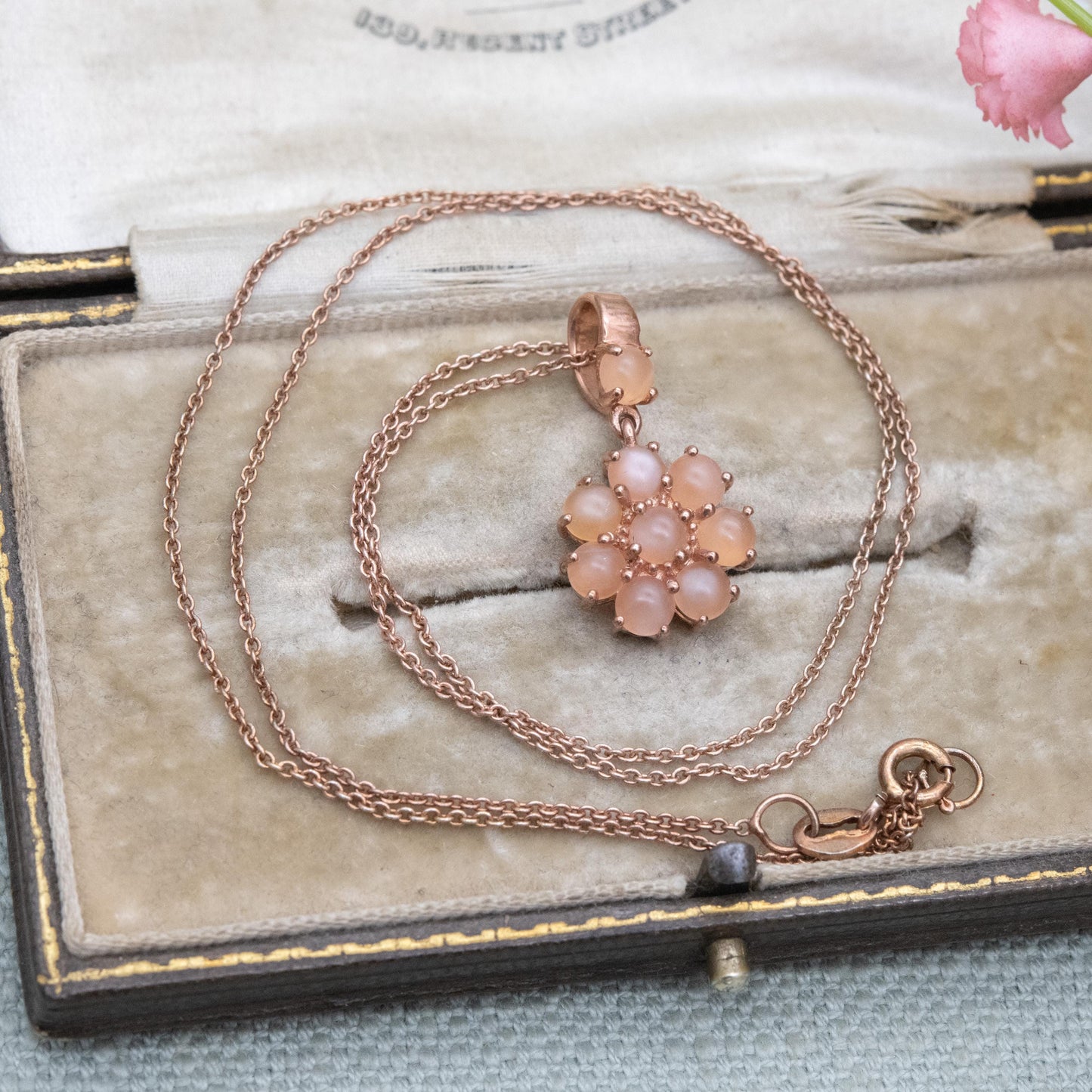 TGGC Rose Gold Plated Sterling Silver Peach Moonstone Daisy Pendant Necklace