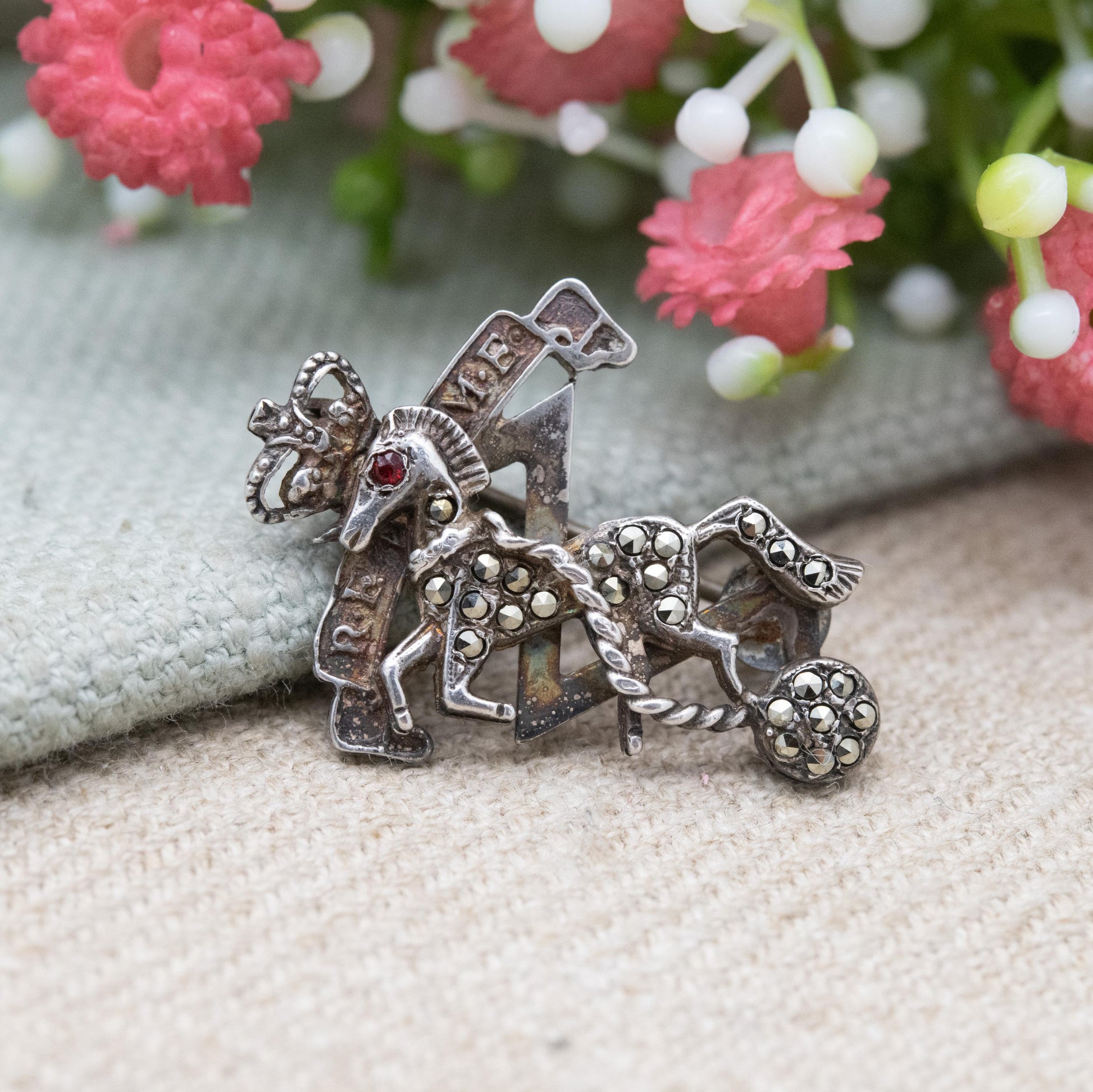 Vintage Royal Electrical & Mechanical Engineers Marcasite Sweetheart Brooch - British Army Collectable Pin