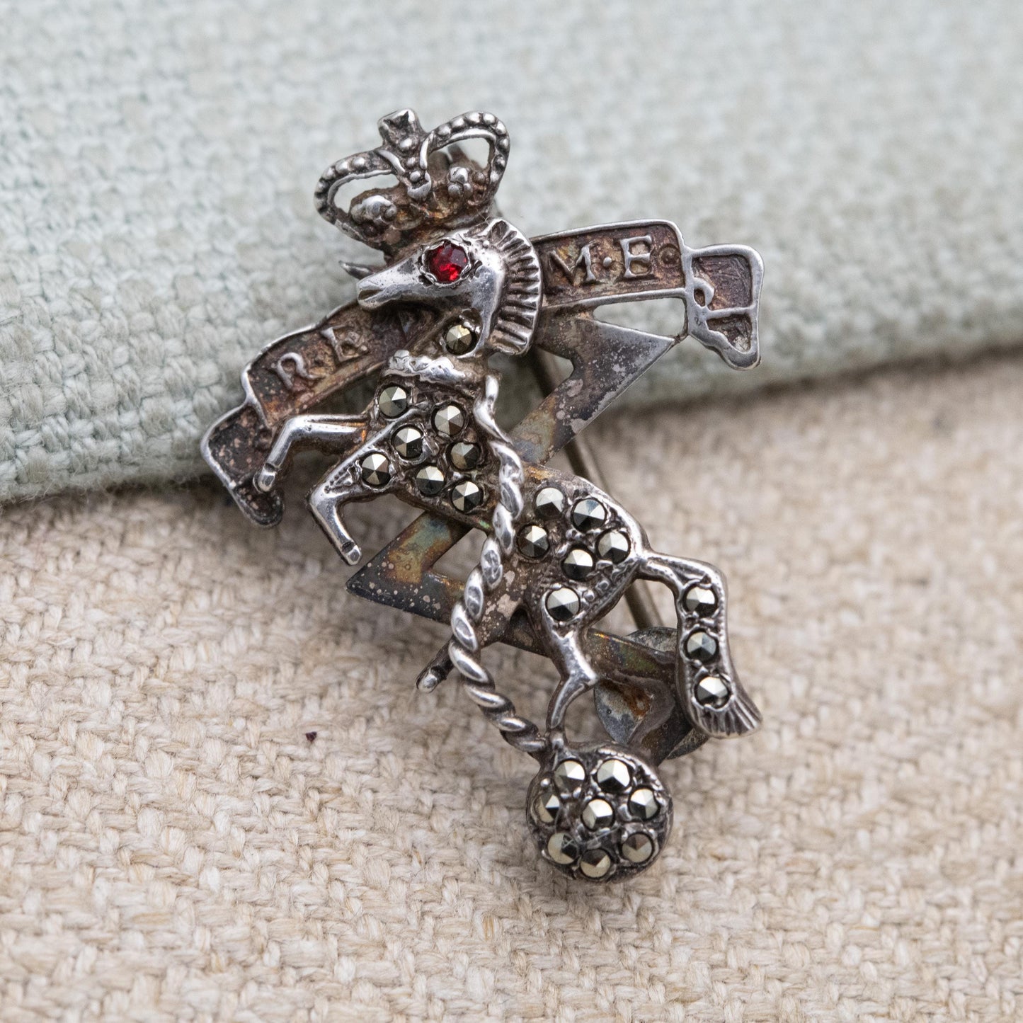Vintage Royal Electrical & Mechanical Engineers Marcasite Sweetheart Brooch - British Army Collectable Pin