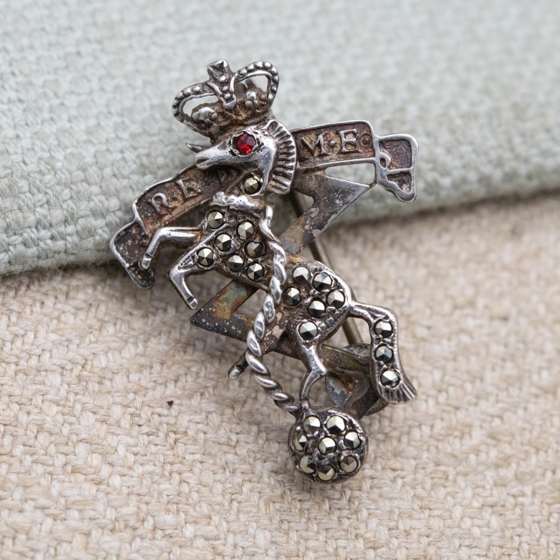 Vintage Royal Electrical & Mechanical Engineers Marcasite Sweetheart Brooch - British Army Collectable Pin