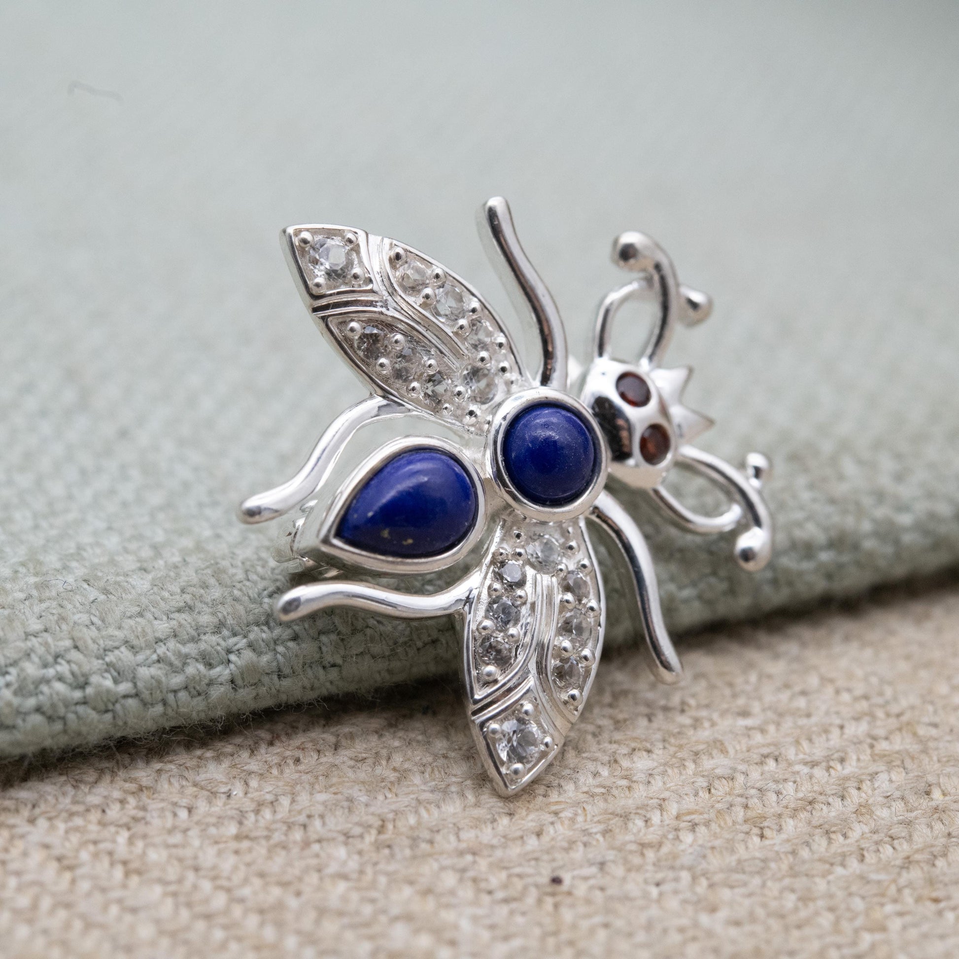 Sterling Silver Lapis Lazuli Bug Brooch with Garnet Eyes - Collectable Gemstone Insect Jewellery Gift for Her