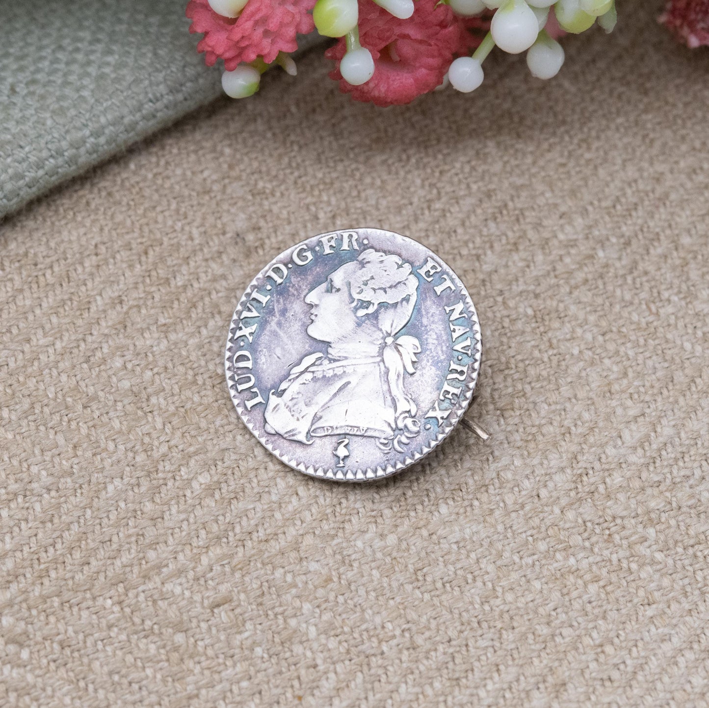 Antique French Silver 1/10 Ecu Louis XVI Coin Brooch 1779 - Collectable Coin Jewellery