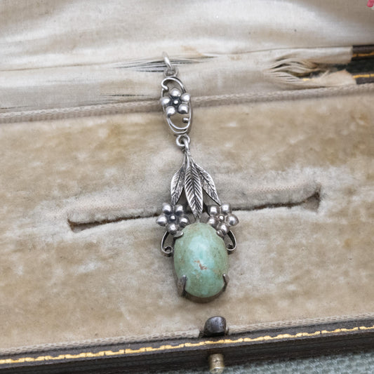 Antique Arts and Crafts Silver Flower Pendant with Green Cabochon Stone c. 1910s
