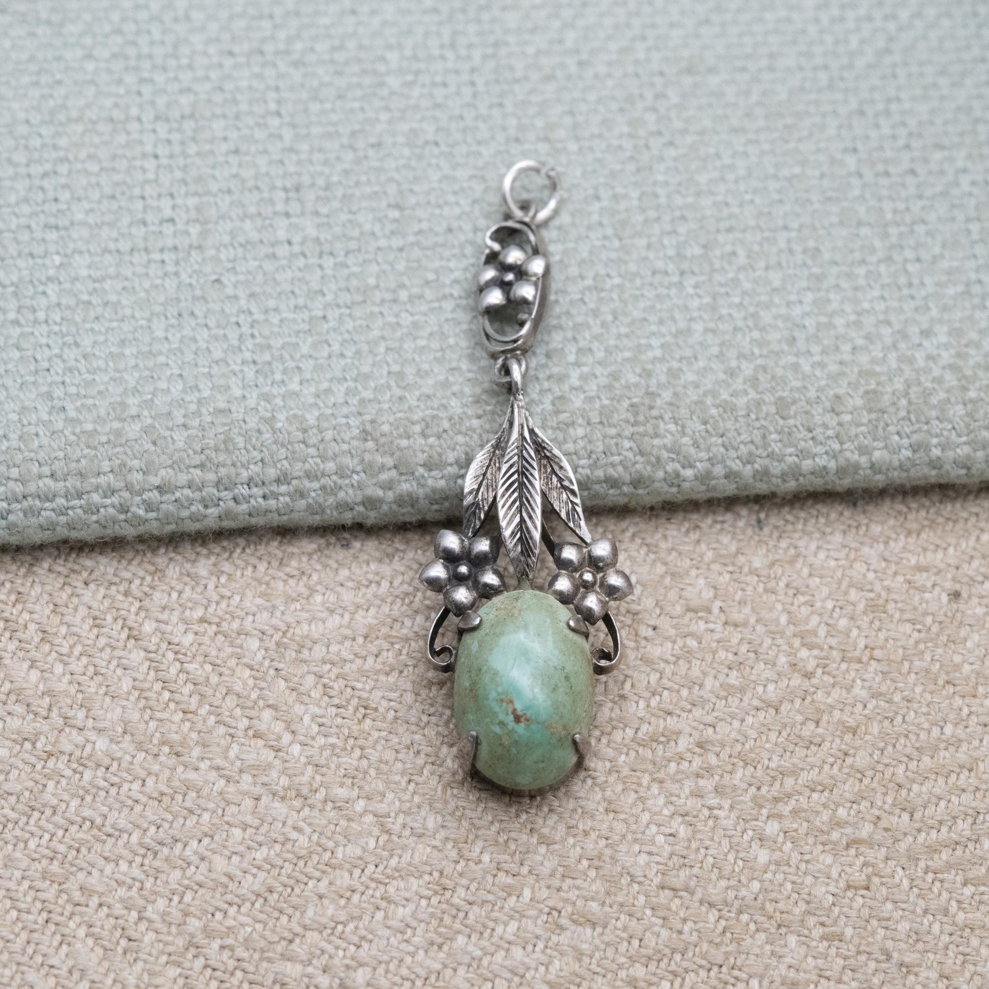 Antique Arts and Crafts Silver Flower Pendant with Green Cabochon Stone c. 1910s