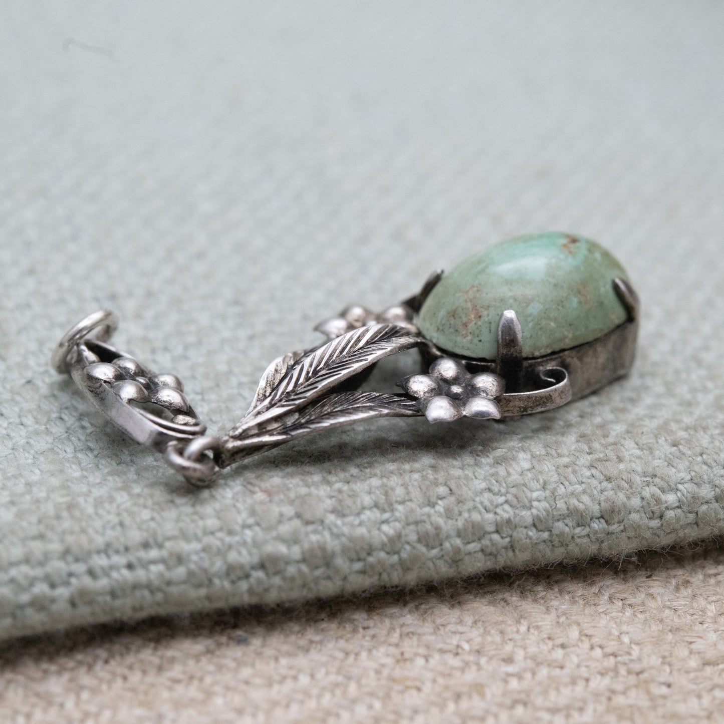 Antique Arts and Crafts Silver Flower Pendant with Green Cabochon Stone c. 1910s
