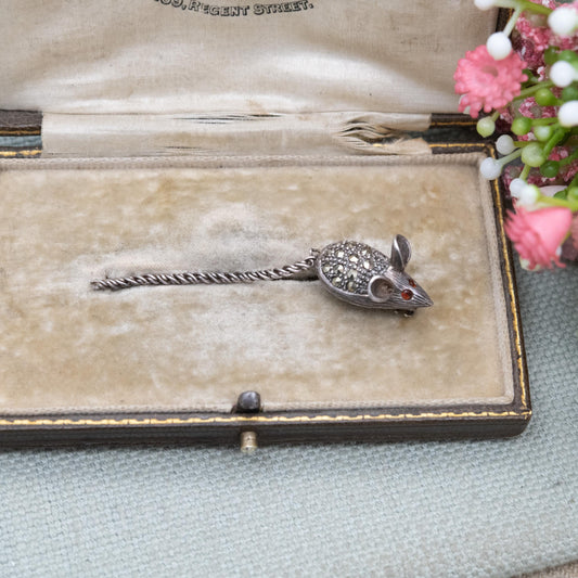 Vintage Sterling Silver Marcasite Mouse Brooch with Moving Tail - Novelty Animal Jewellery | Small Mouse with Large Ears