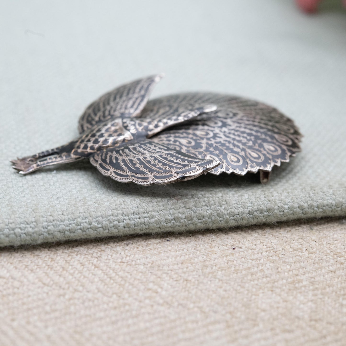 Vintage Sterling Silver Siam Hinged Peacock Brooch with Black Niello Feathers