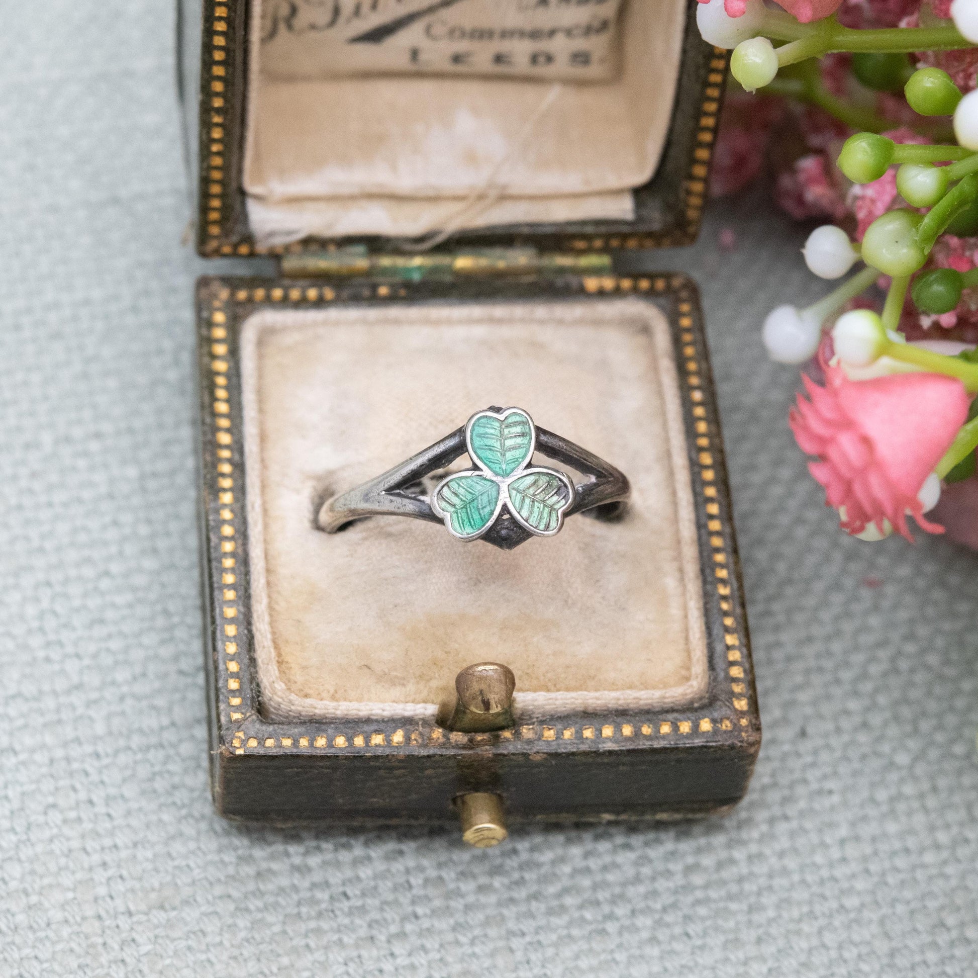 Antique Edwardian Sterling Silver Green Enamel Shamrock Ring 1911 - Celtic Irish Clover | UK Size - L 1/2 | US - 6