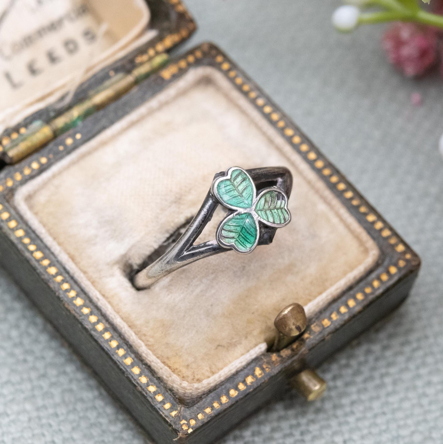 Antique Edwardian Sterling Silver Green Enamel Shamrock Ring 1911 - Celtic Irish Clover | UK Size - L 1/2 | US - 6