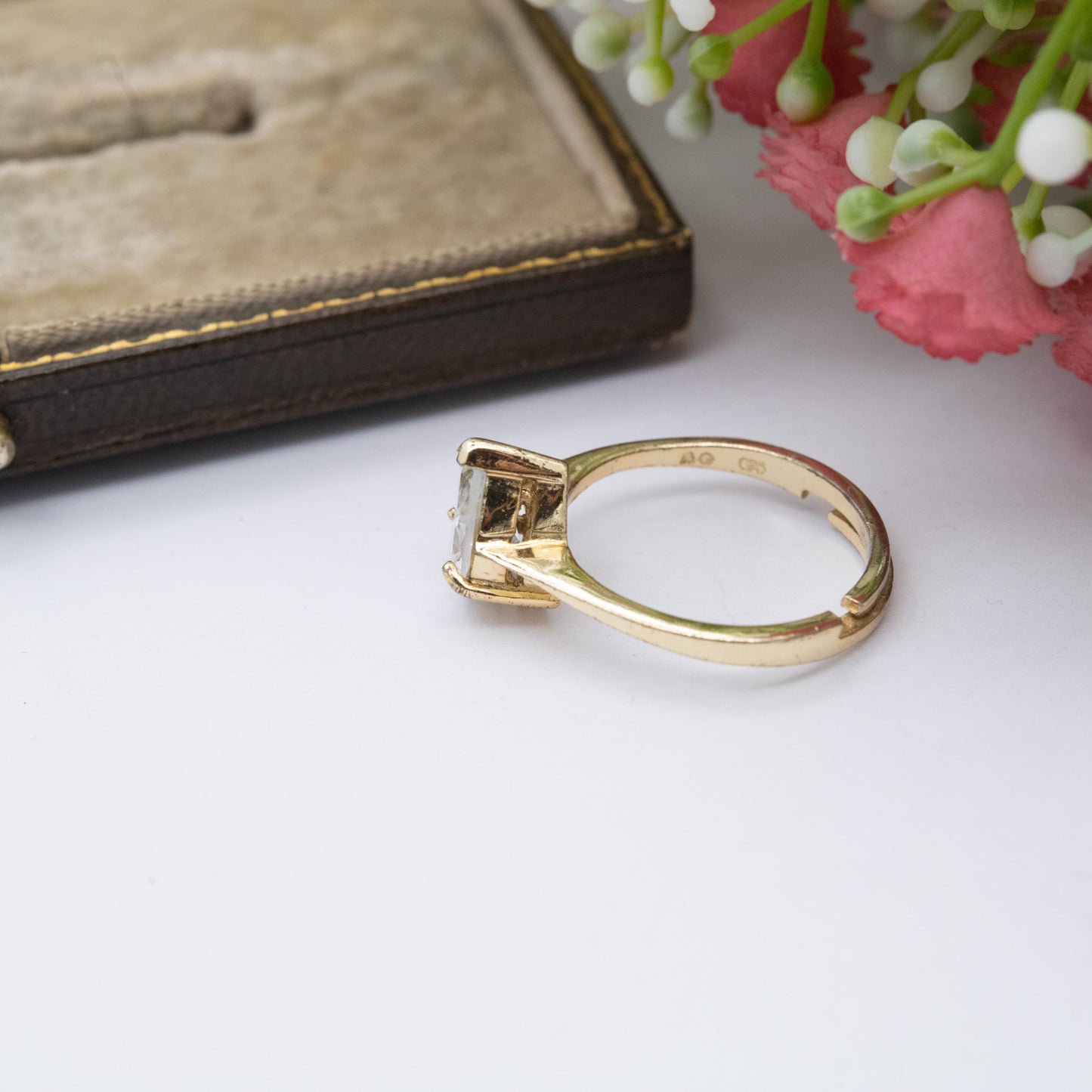 Gold Plated Sterling Silver CZ Solitaire Ring Adjustable Size - Large Pear Cut White Stone Placeholder Ring | UK Size - L | US Size - 5 3/4