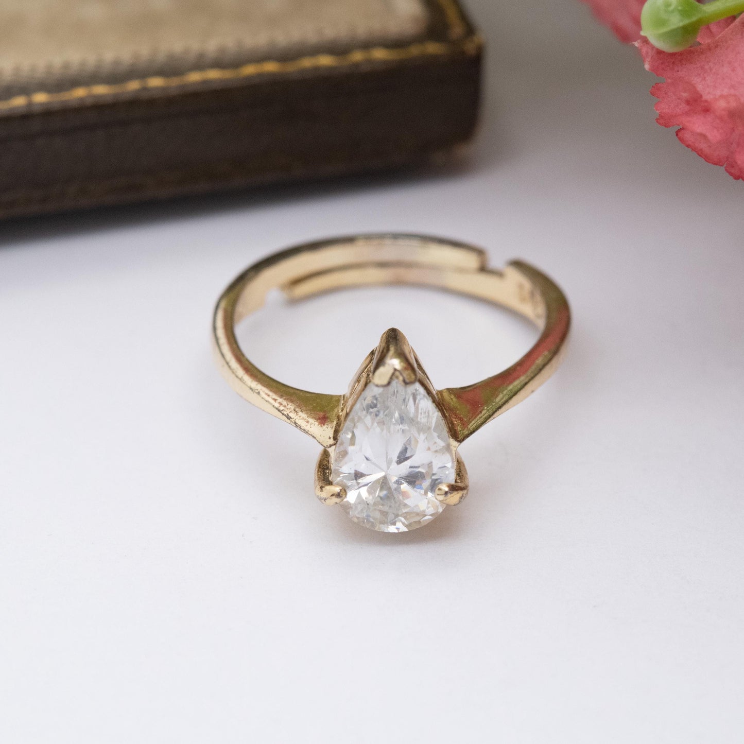 Gold Plated Sterling Silver CZ Solitaire Ring Adjustable Size - Large Pear Cut White Stone Placeholder Ring | UK Size - L | US Size - 5 3/4