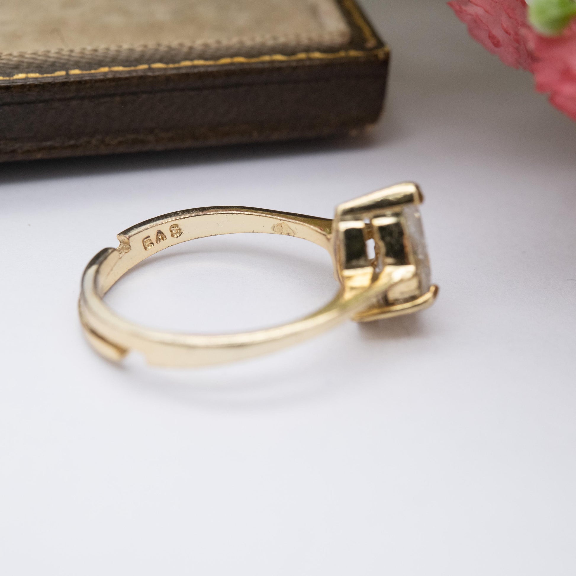 Gold Plated Sterling Silver CZ Solitaire Ring Adjustable Size - Large Pear Cut White Stone Placeholder Ring | UK Size - L | US Size - 5 3/4