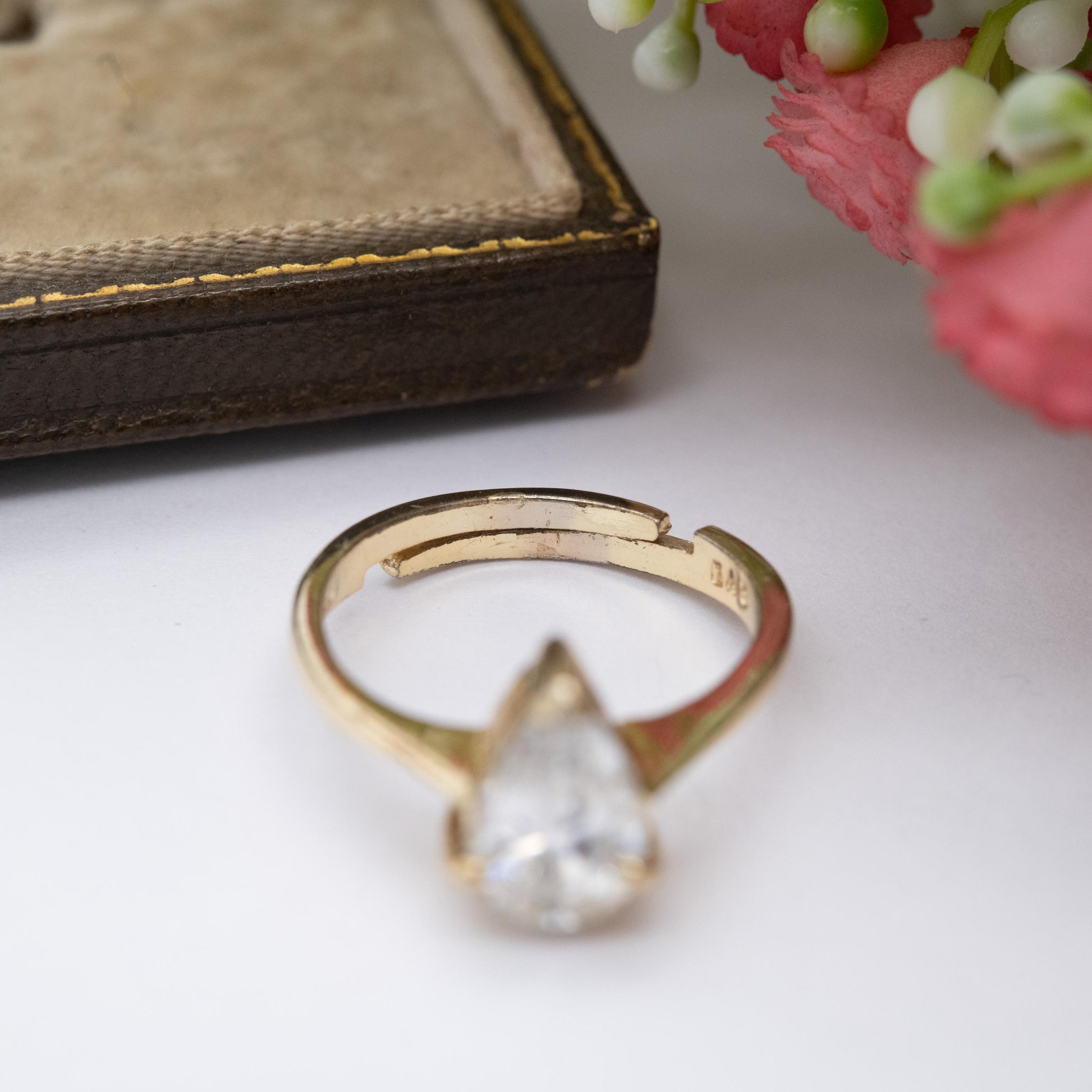 Gold Plated Sterling Silver CZ Solitaire Ring Adjustable Size - Large Pear Cut White Stone Placeholder Ring | UK Size - L | US Size - 5 3/4