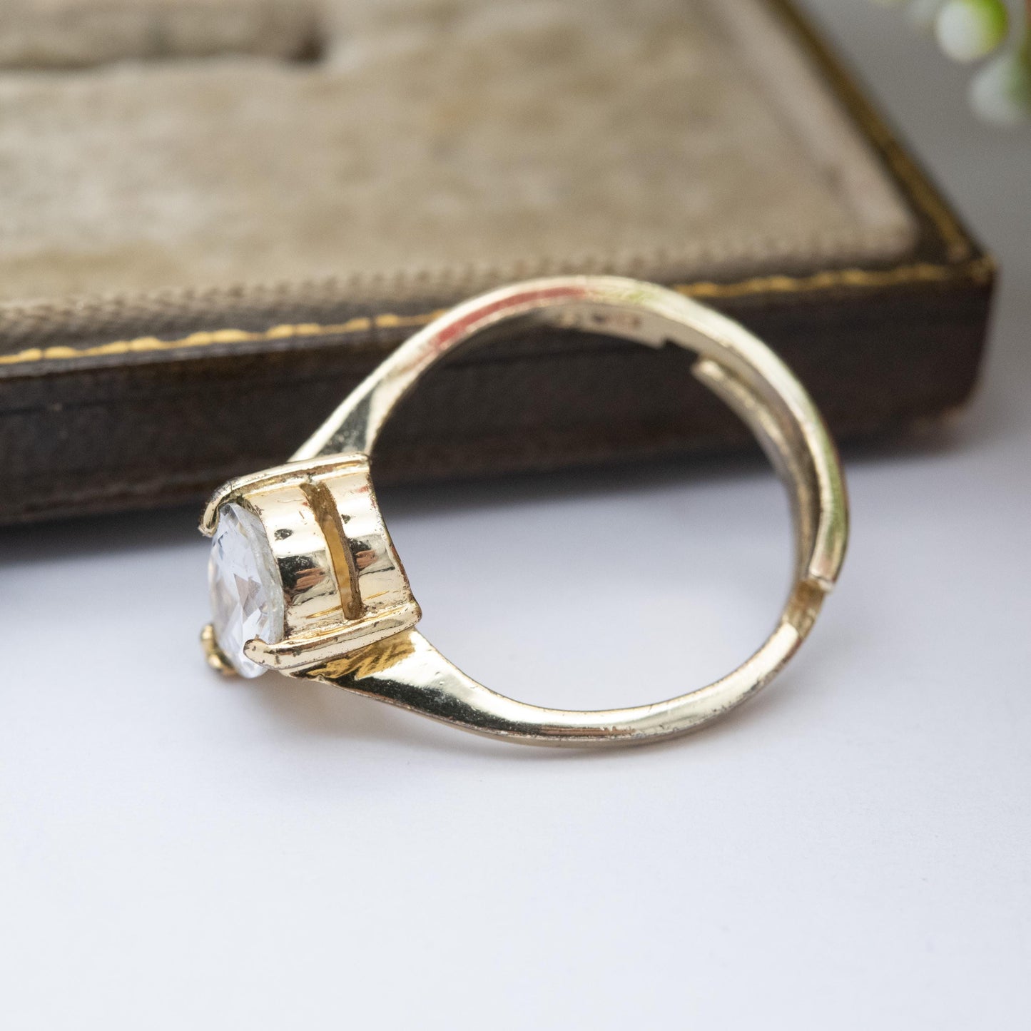 Gold Plated Sterling Silver CZ Solitaire Ring Adjustable Size - Large Pear Cut White Stone Placeholder Ring | UK Size - L | US Size - 5 3/4
