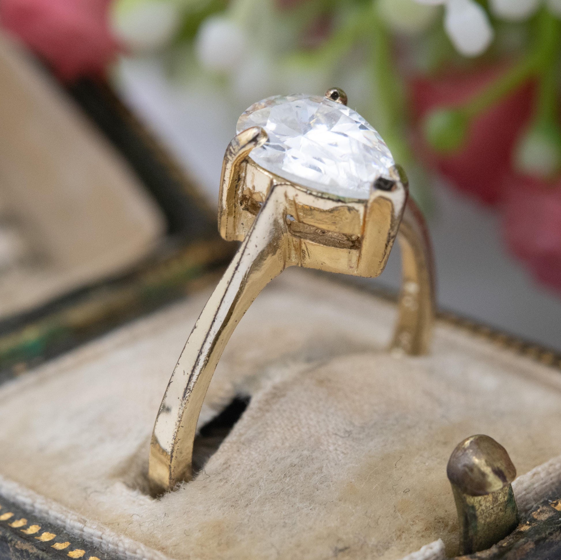 Gold Plated Sterling Silver CZ Solitaire Ring Adjustable Size - Large Pear Cut White Stone Placeholder Ring | UK Size - L | US Size - 5 3/4