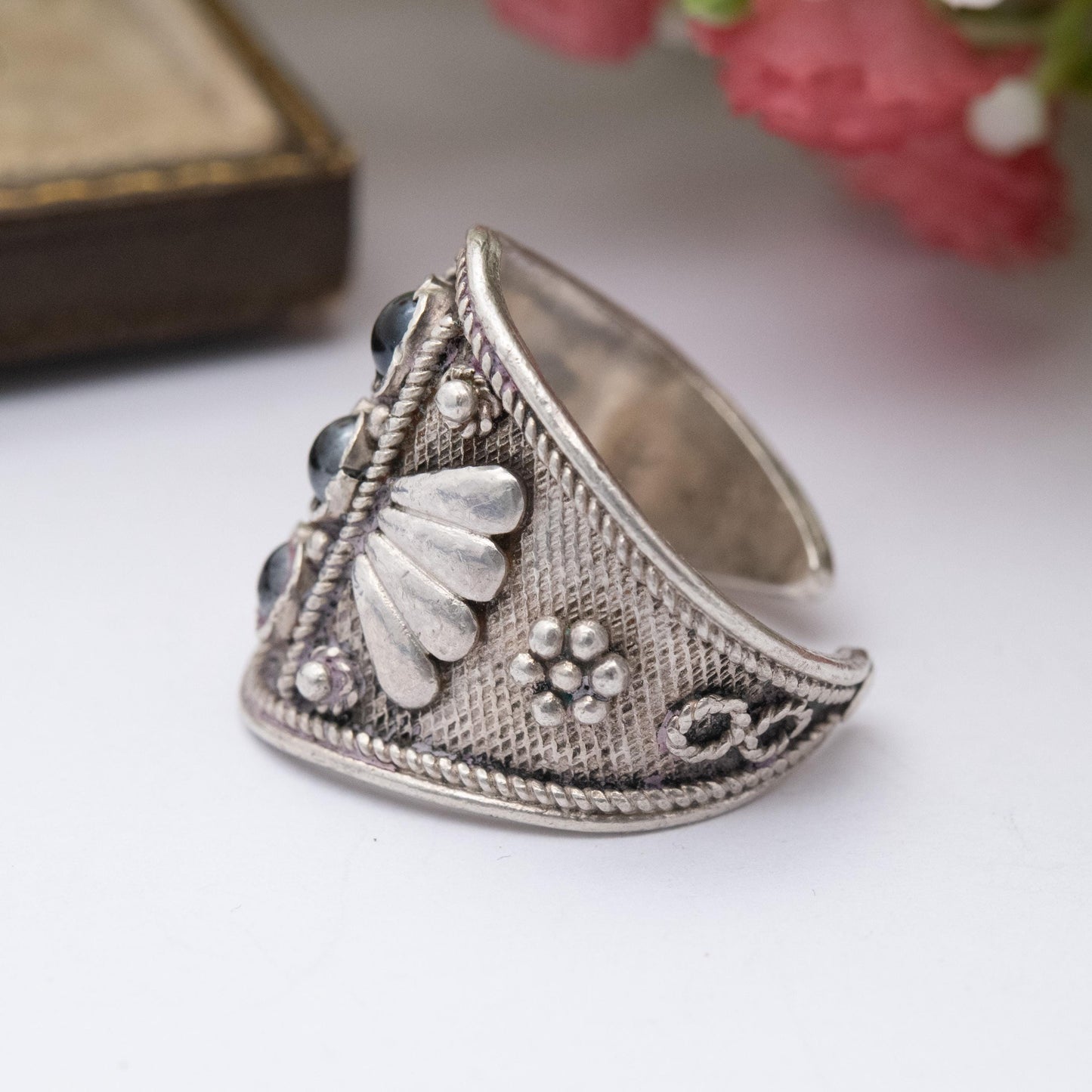 Vintage Sterling Silver Statement Ring with Open Band - Chunky Wire Work Cannetille Ring | UK Size - P | US Size - 7 3/4