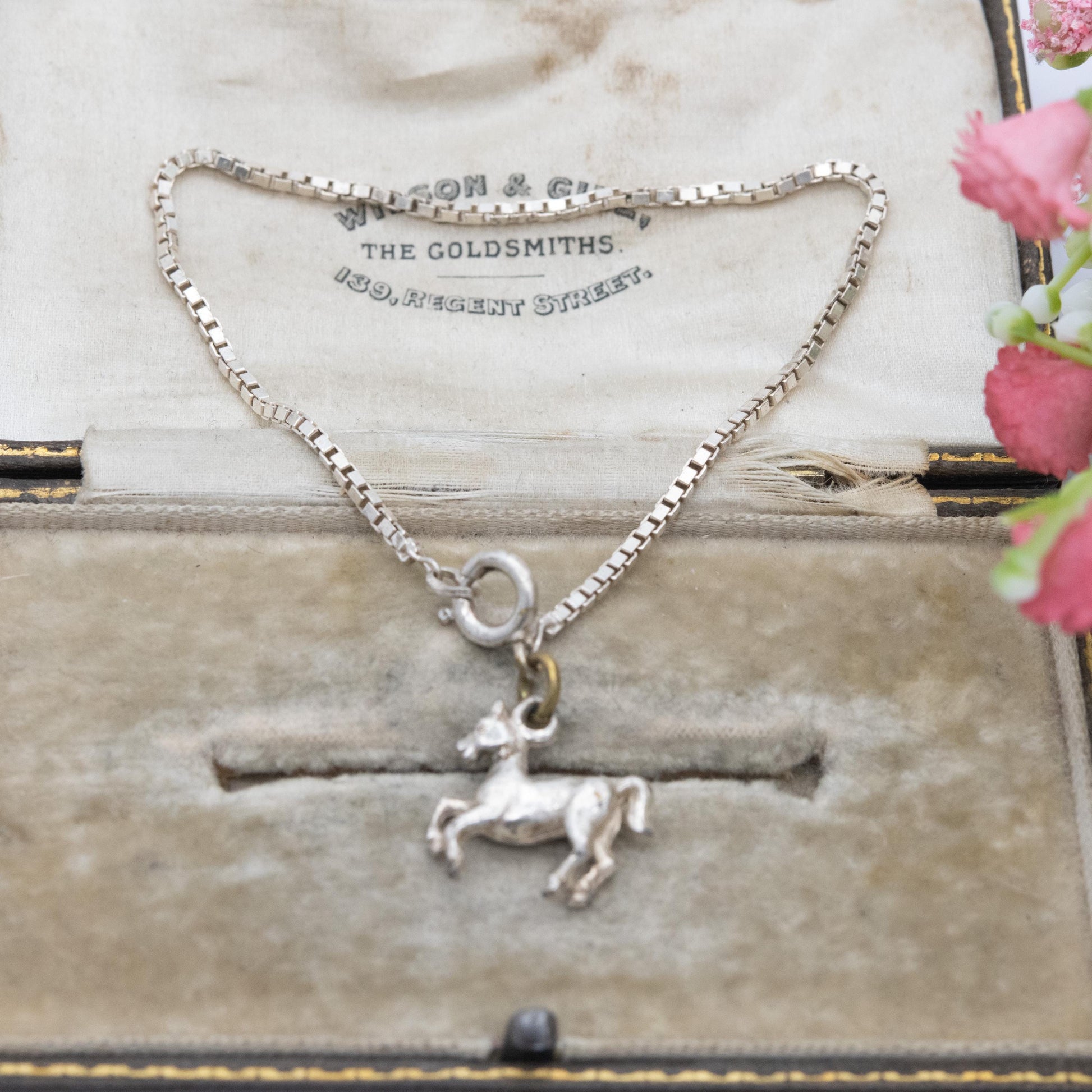 Vintage Italian Sterling Silver Bracelet with Horse Charm - Box Link Chain