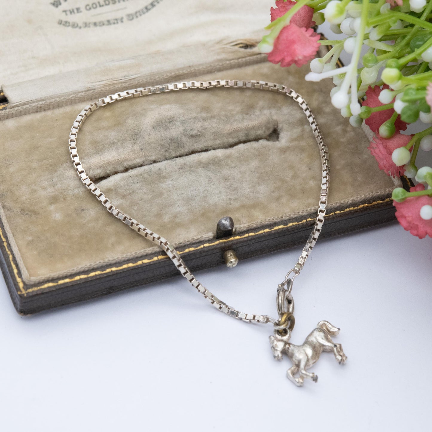 Vintage Italian Sterling Silver Bracelet with Horse Charm - Box Link Chain