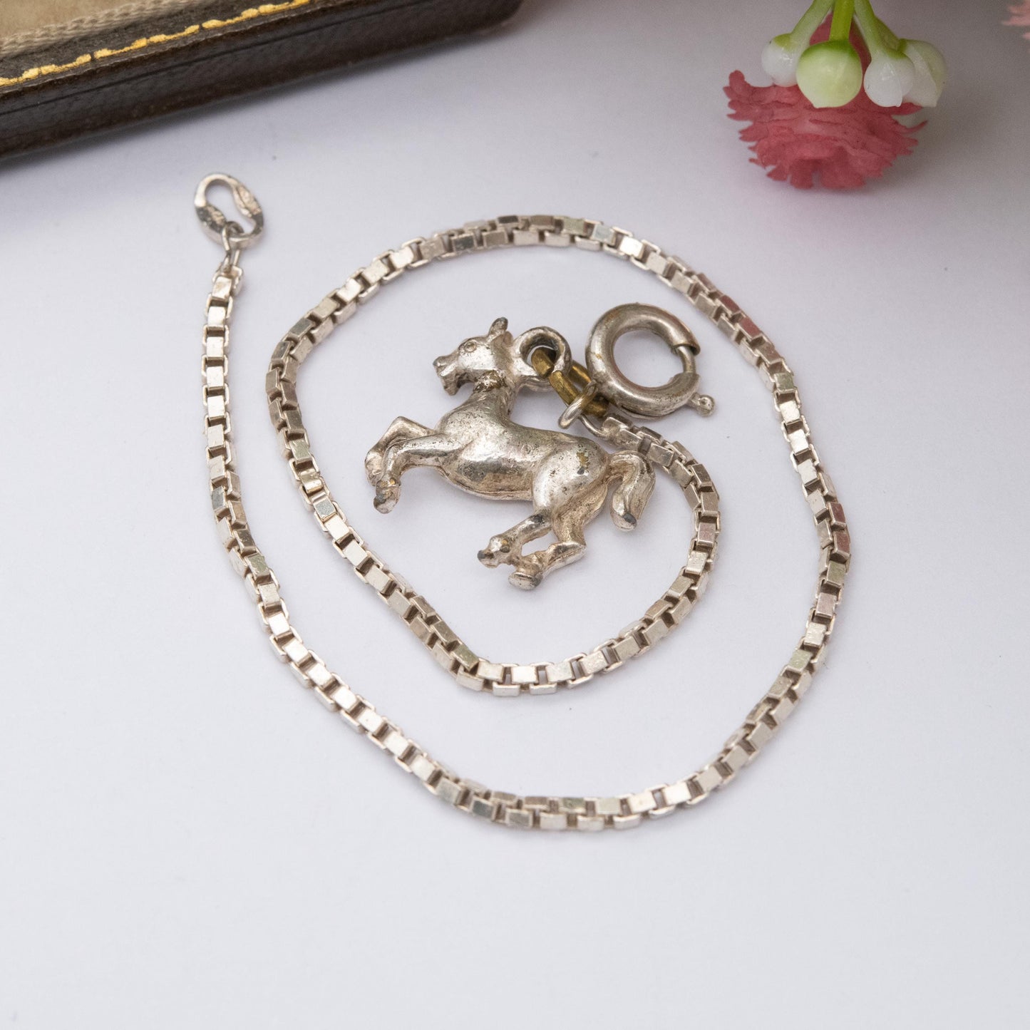 Vintage Italian Sterling Silver Bracelet with Horse Charm - Box Link Chain
