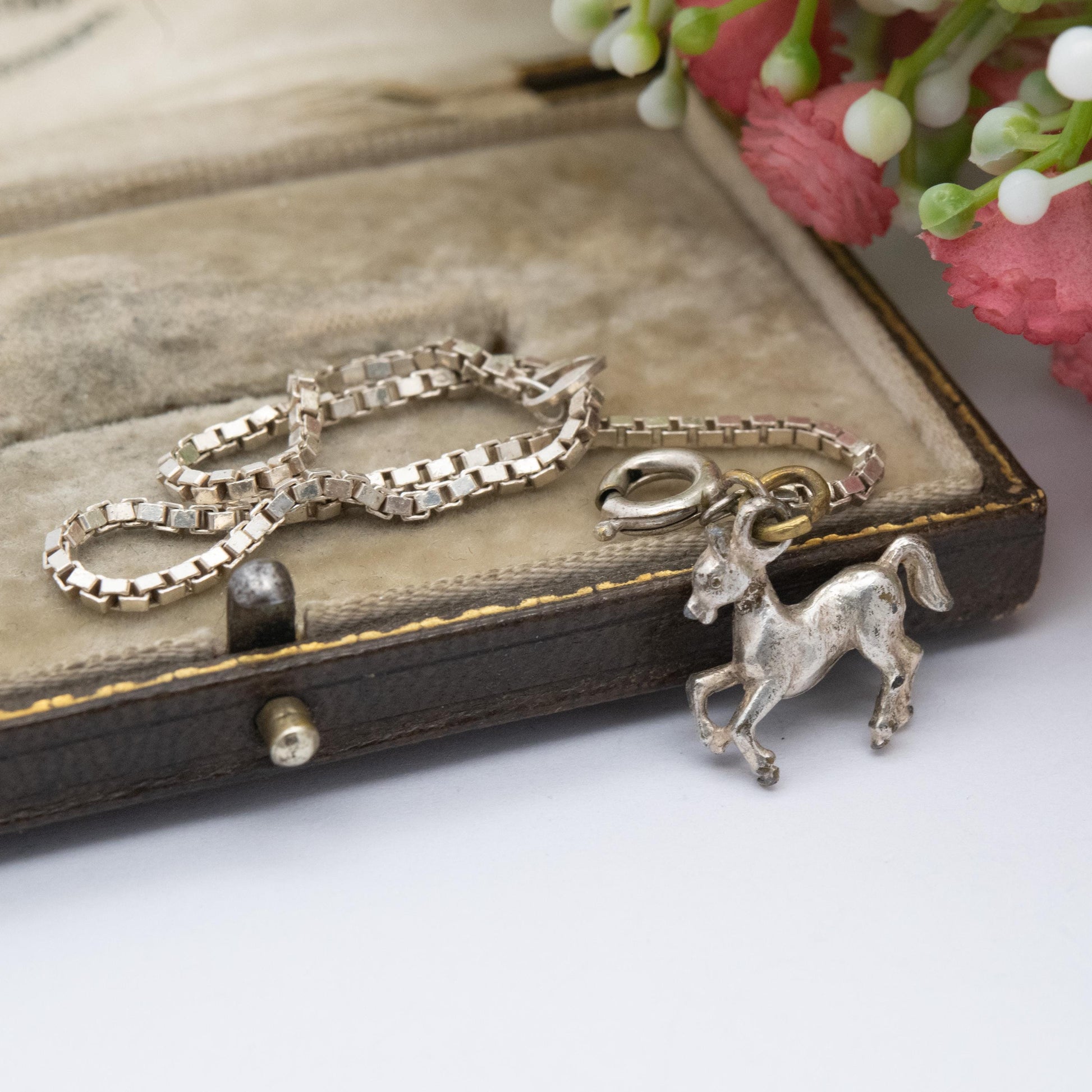 Vintage Italian Sterling Silver Bracelet with Horse Charm - Box Link Chain