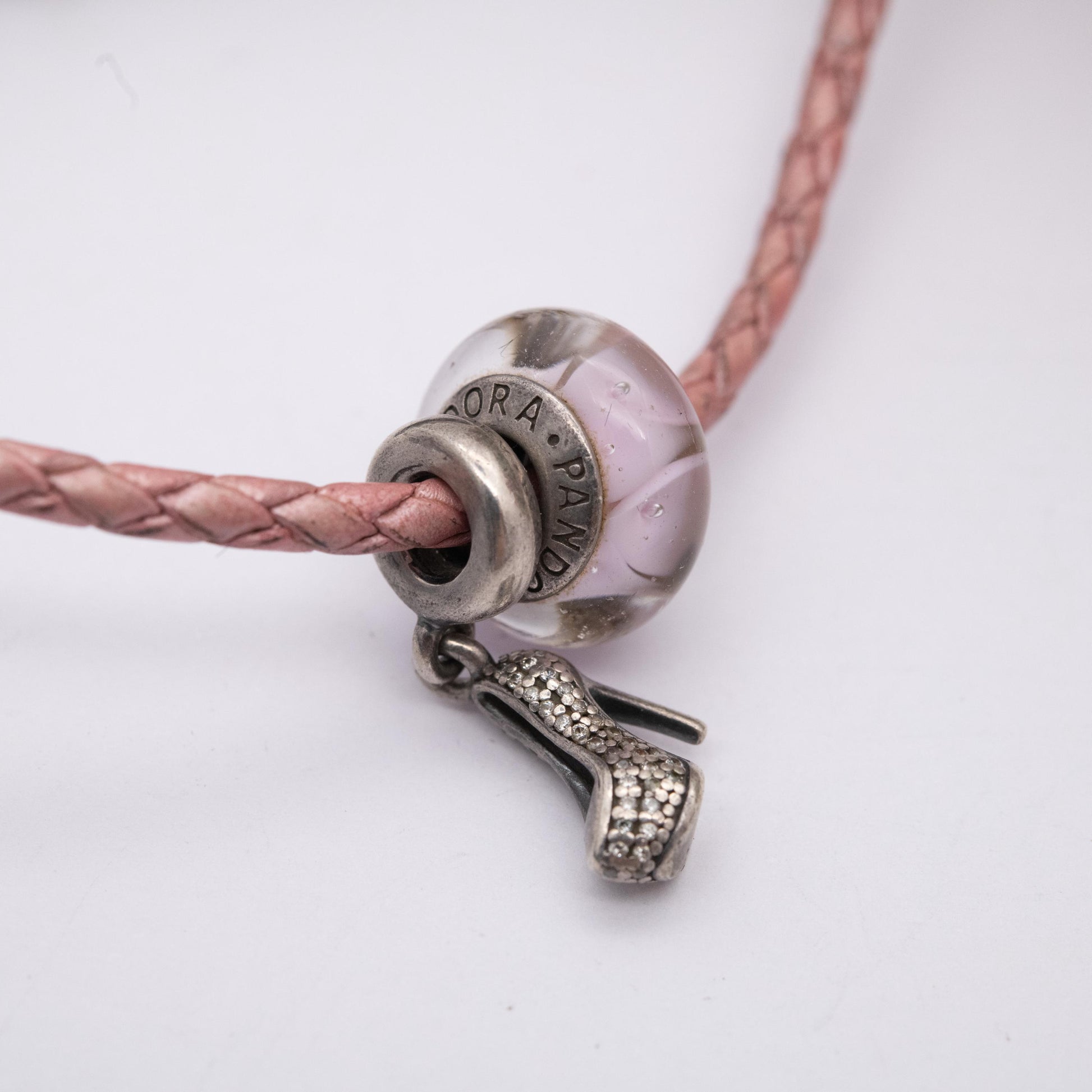 Pandora Sterling Silver Pink Leather Double Charm Bracelet with 2 Charms - 925 ALE Glass Bead | Branded Bracelet for Pandora Charms