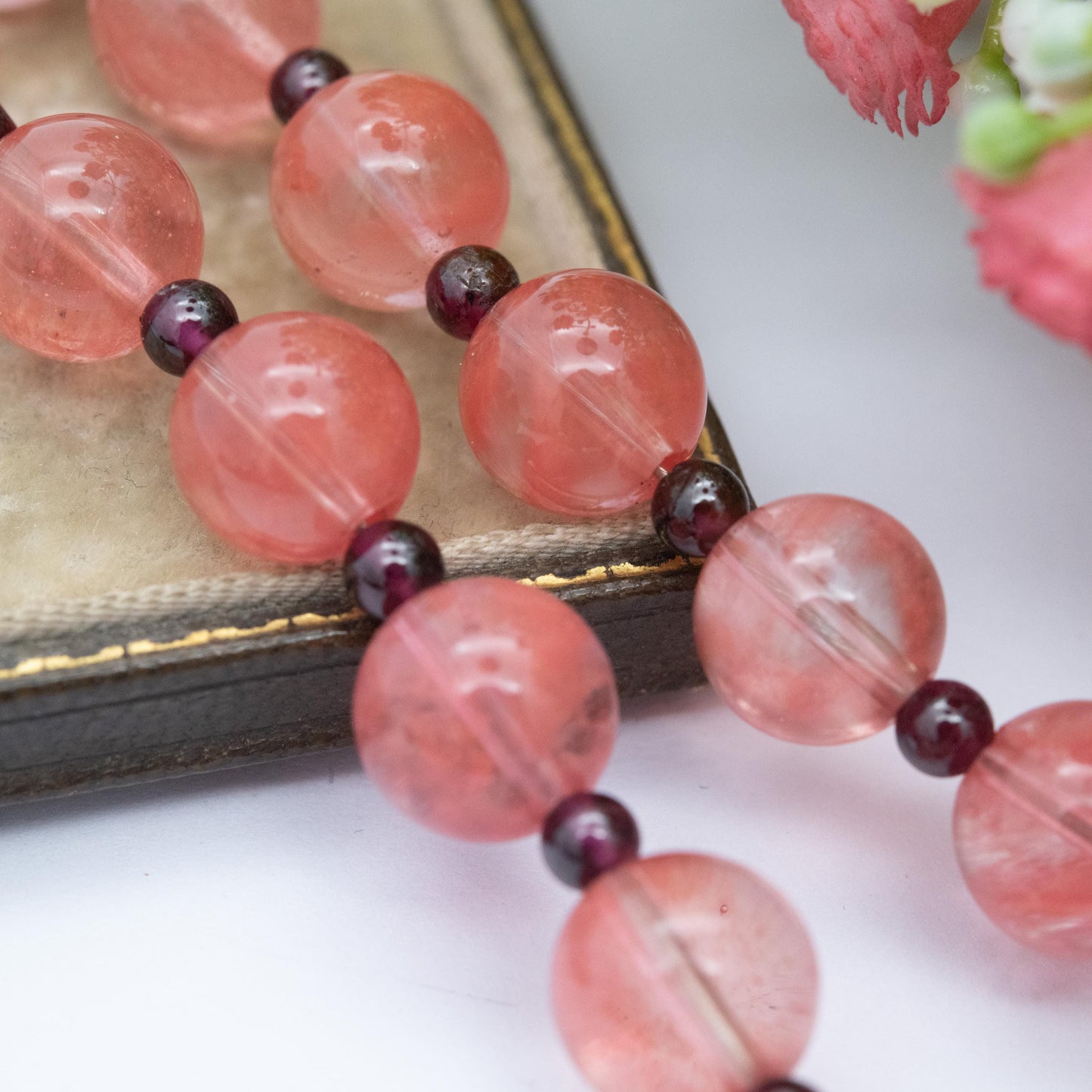 Sterling Silver Beaded Gemstone Necklace by Eleven - Pink and Garnet Stones