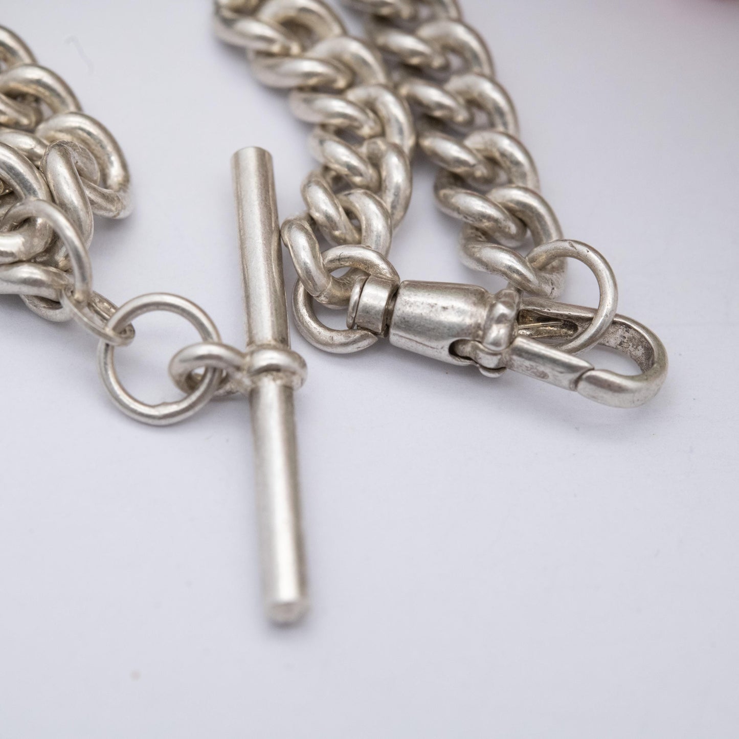 Vintage Italian Sterling Silver Albert Watch Chain Necklace with Dog Clip and T Bar 19" - Heavy Chunky Chain | Gift for Him