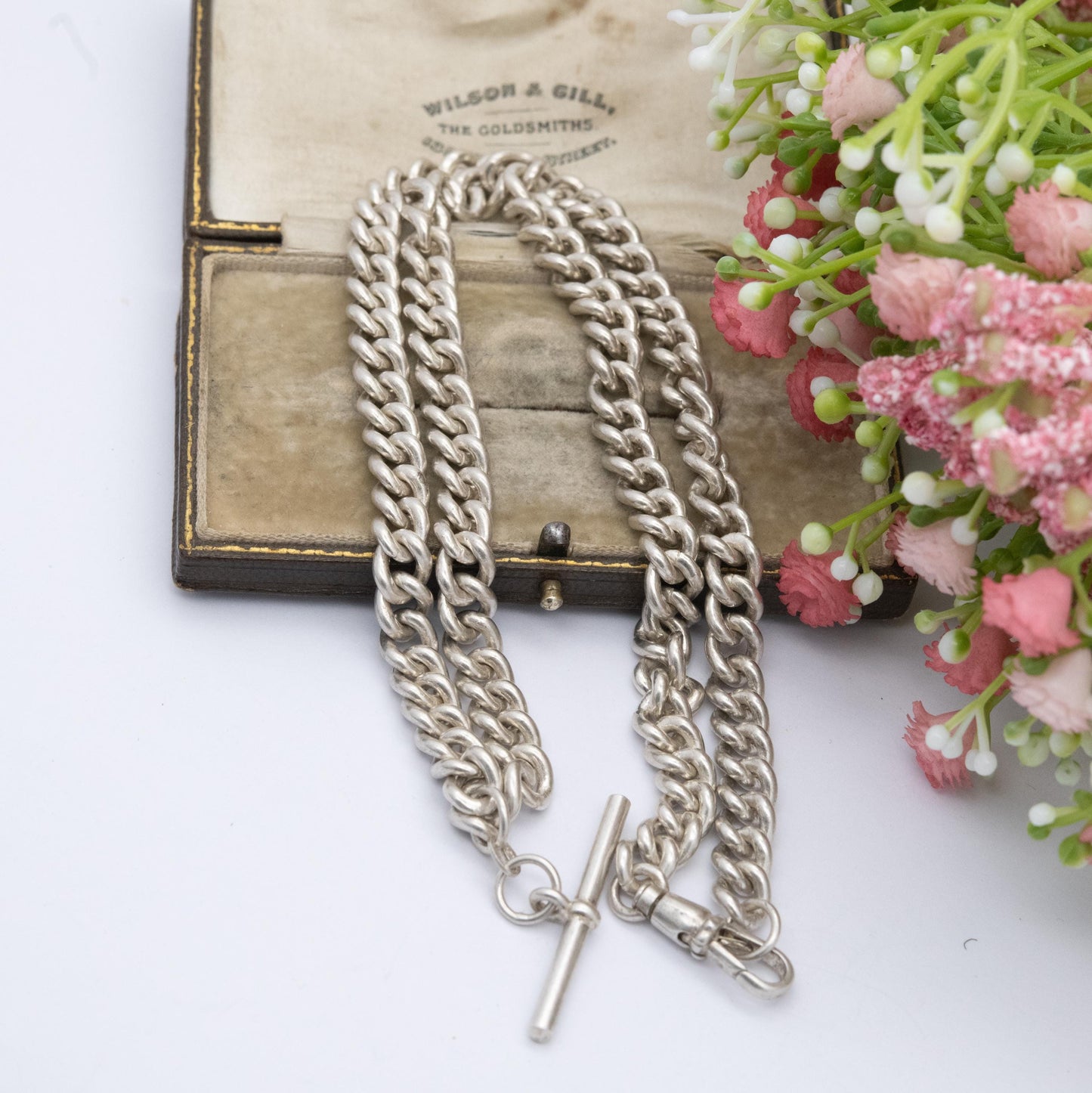 Vintage Italian Sterling Silver Albert Watch Chain Necklace with Dog Clip and T Bar 19" - Heavy Chunky Chain | Gift for Him