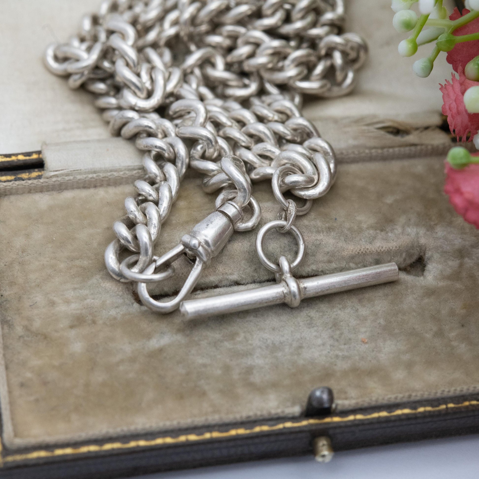Vintage Italian Sterling Silver Albert Watch Chain Necklace with Dog Clip and T Bar 19" - Heavy Chunky Chain | Gift for Him