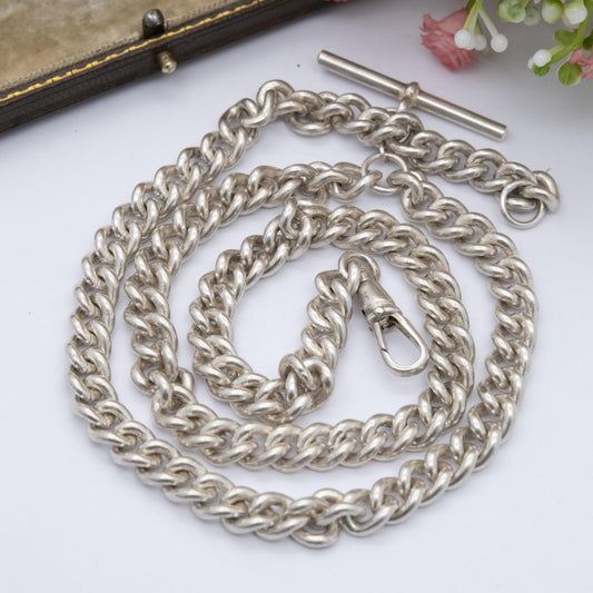 Vintage Italian Sterling Silver Albert Watch Chain Necklace with Dog Clip and T Bar 19" - Heavy Chunky Chain | Gift for Him