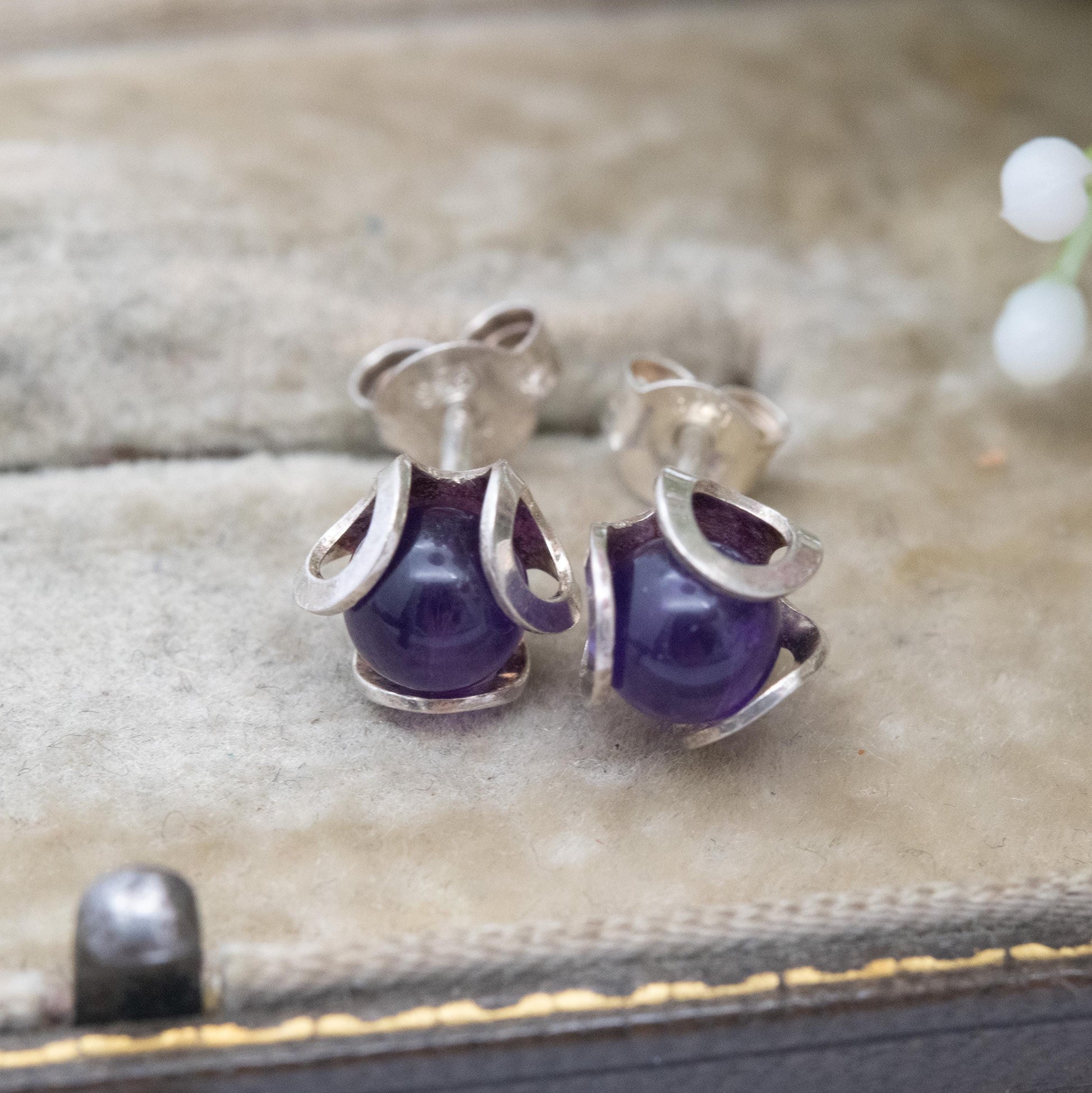 Vintage Sterling Silver Amethyst Stud Earrings - Small Studs | Purple Gemstone Jewellery Gift for Her