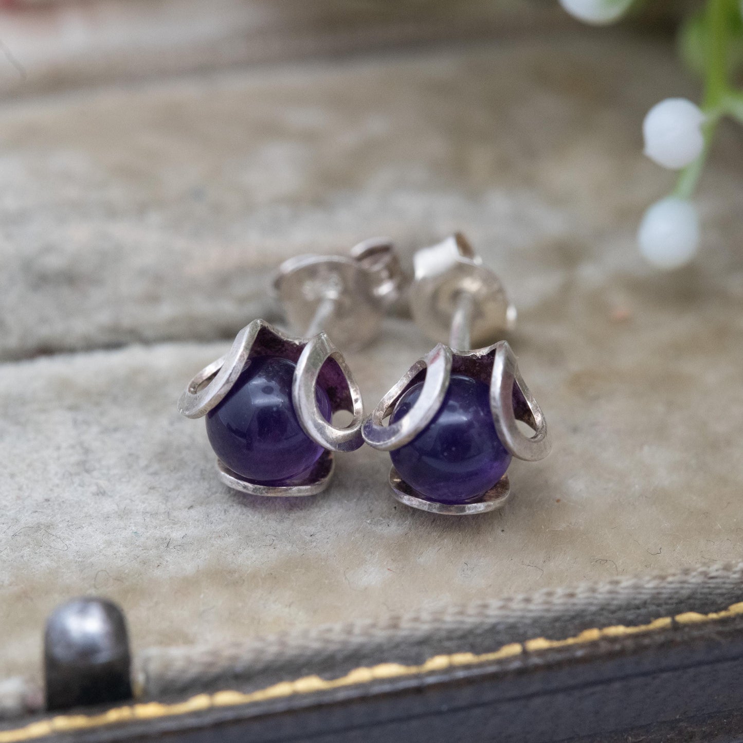 Vintage Sterling Silver Amethyst Stud Earrings - Small Studs | Purple Gemstone Jewellery Gift for Her
