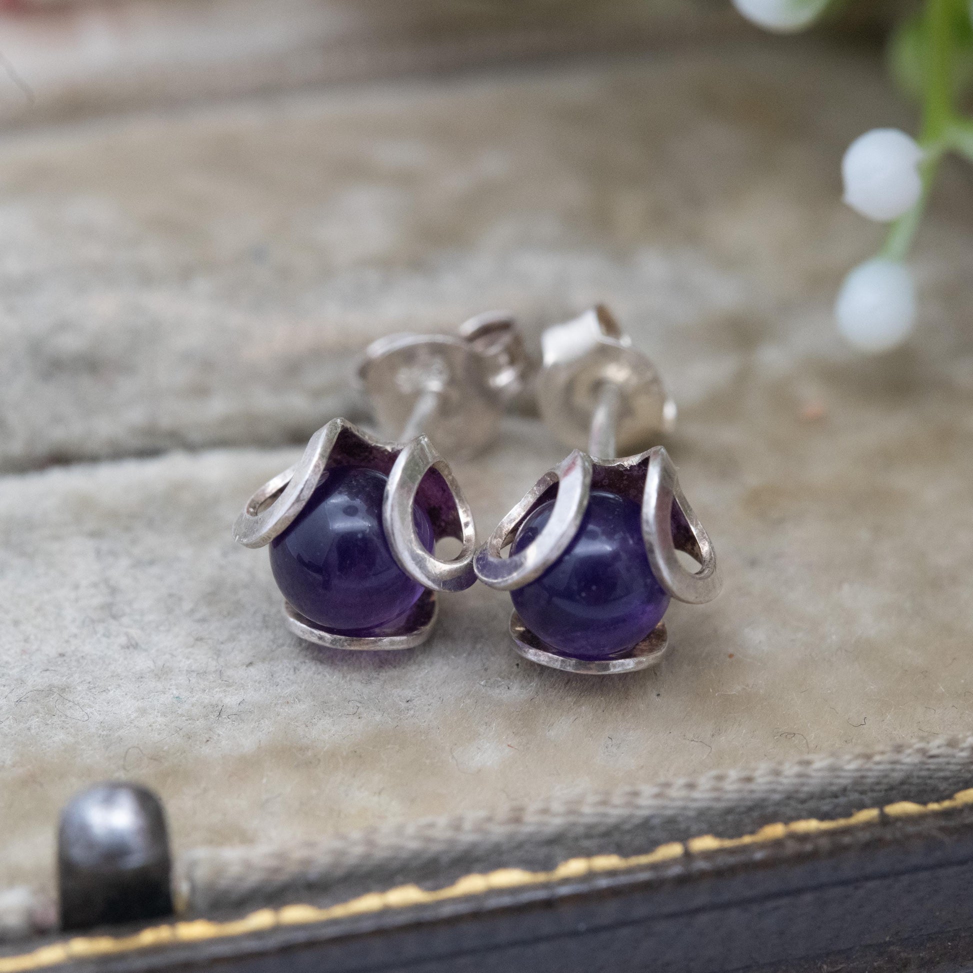 Vintage Sterling Silver Amethyst Stud Earrings - Small Studs | Purple Gemstone Jewellery Gift for Her