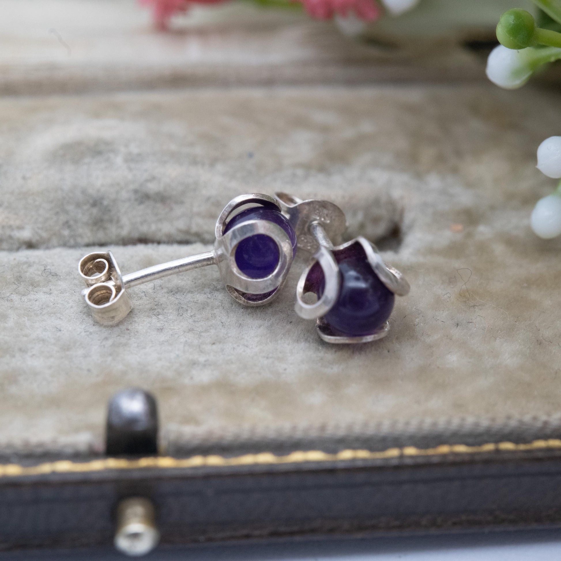 Vintage Sterling Silver Amethyst Stud Earrings - Small Studs | Purple Gemstone Jewellery Gift for Her