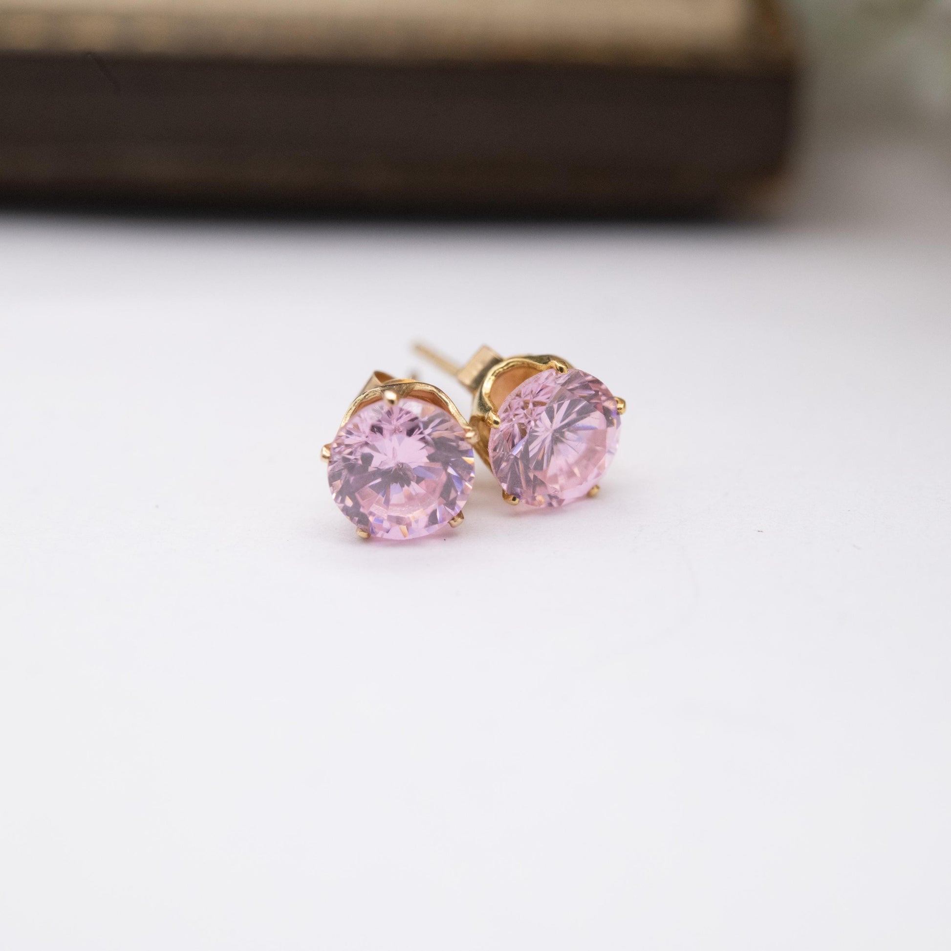 Vintage 9ct Gold Pink CZ Stud Earrings - Small Studs | Purple Gemstones | Gift for Her
