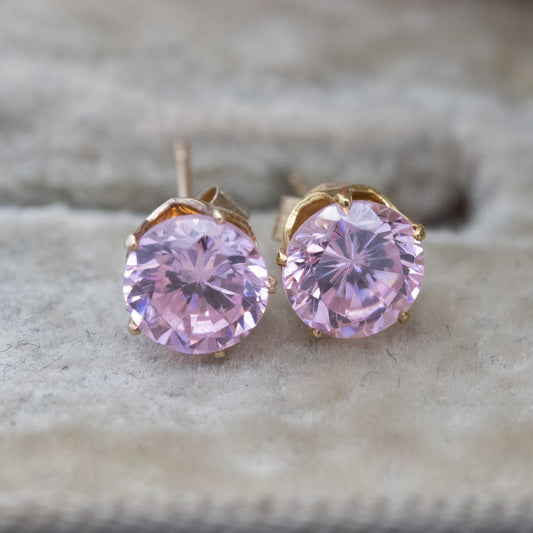 Vintage 9ct Gold Pink CZ Stud Earrings - Small Studs | Purple Gemstones | Gift for Her