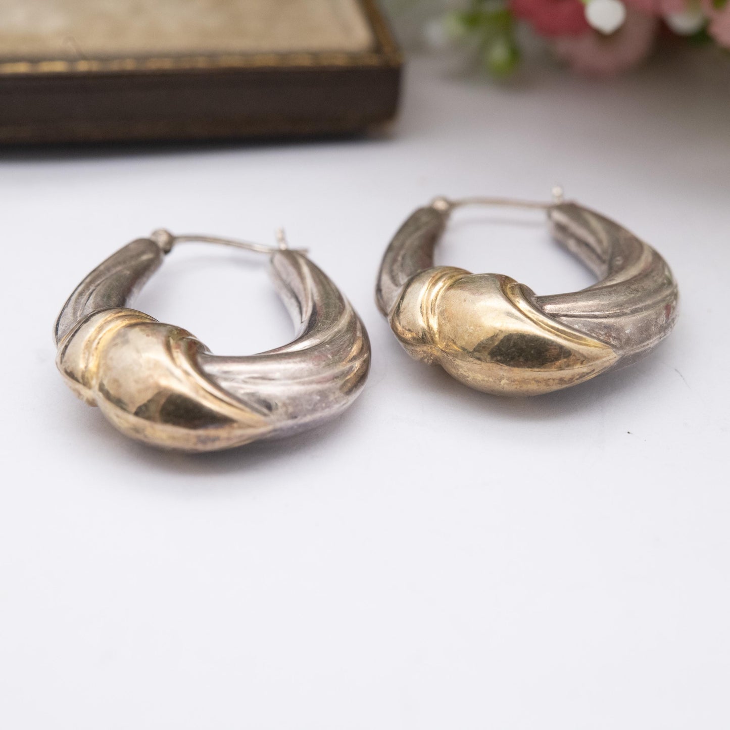 Vintage Sterling Silver Gold Plated Hoop Earrings - Chunky Minimalist Fabric Knot Design | Everyday Jewellery Gift for Her