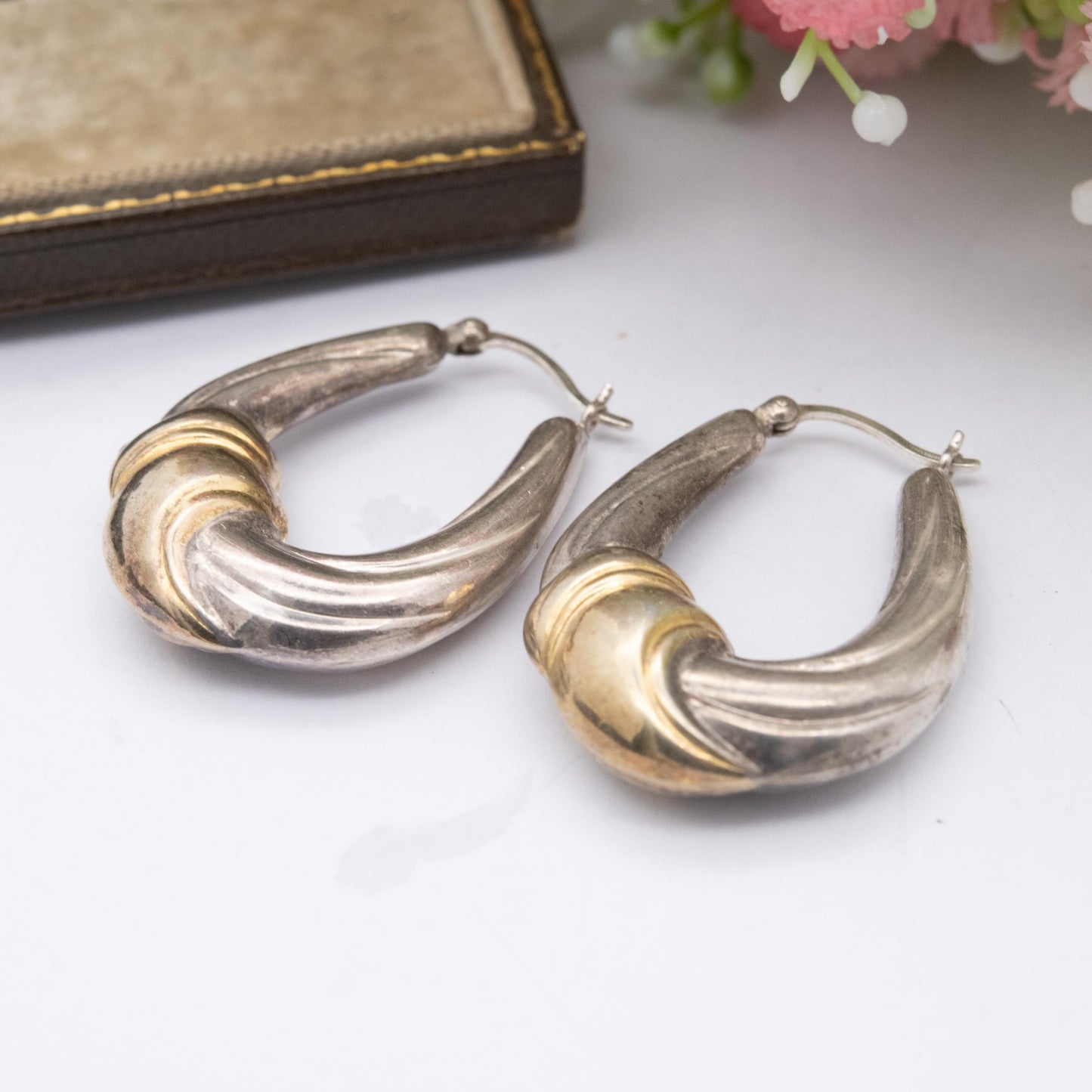 Vintage Sterling Silver Gold Plated Hoop Earrings - Chunky Minimalist Fabric Knot Design | Everyday Jewellery Gift for Her