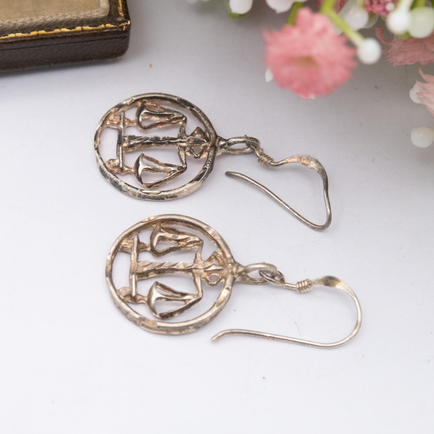 Vintage Sterling Silver Libra Drop Earrings - Circular Openwork Design | September October Birthday Gift for Her